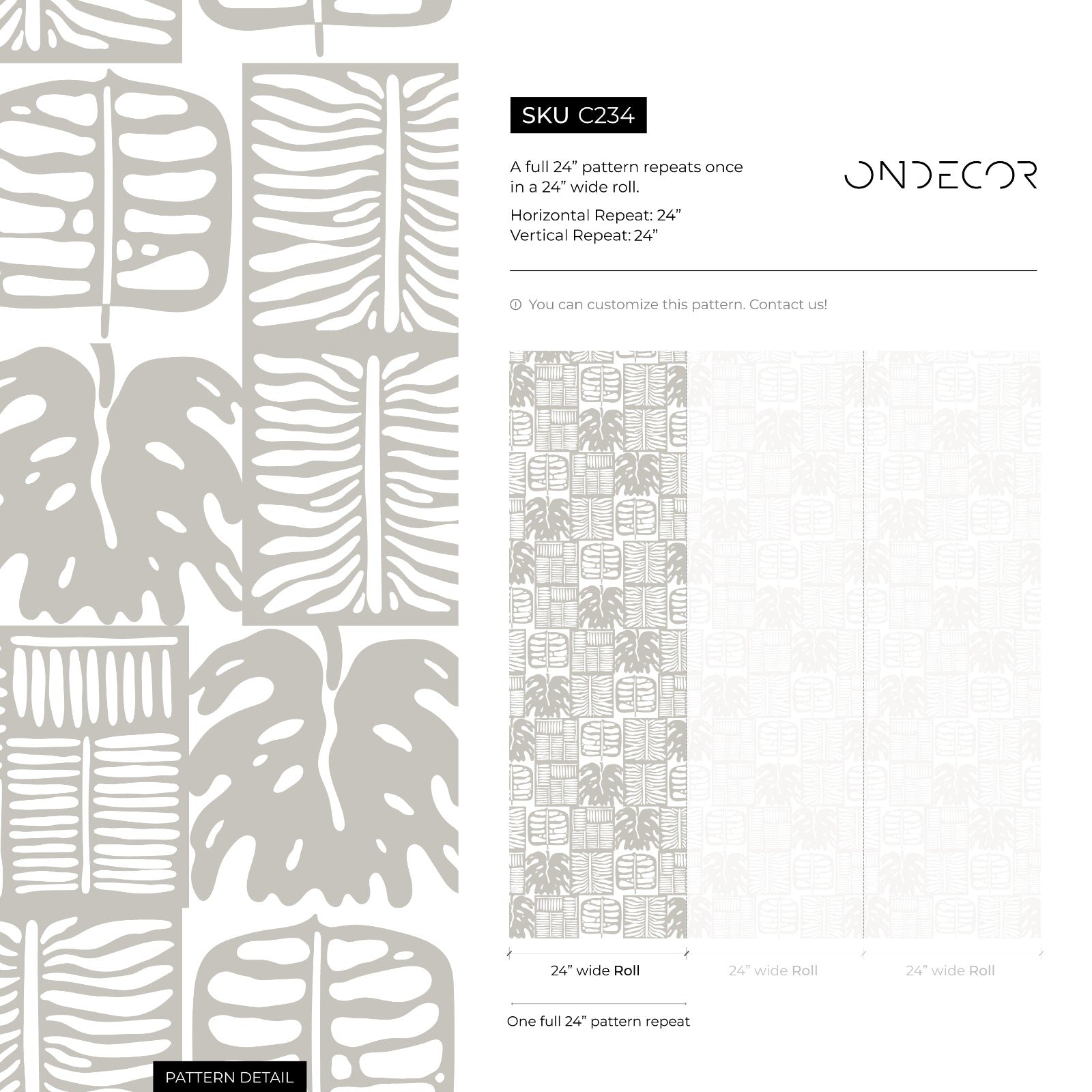 Botanical Wallpaper With A Block Print Leaf Motif In Gray - C234