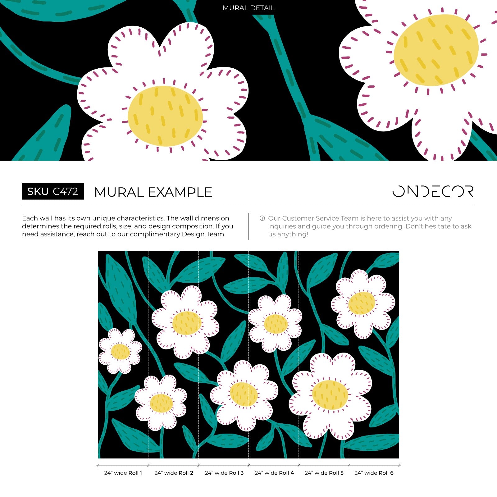 Floral Wallpaper With Stitched Daisy Flowers In Black, Teal, And Yellow - C472