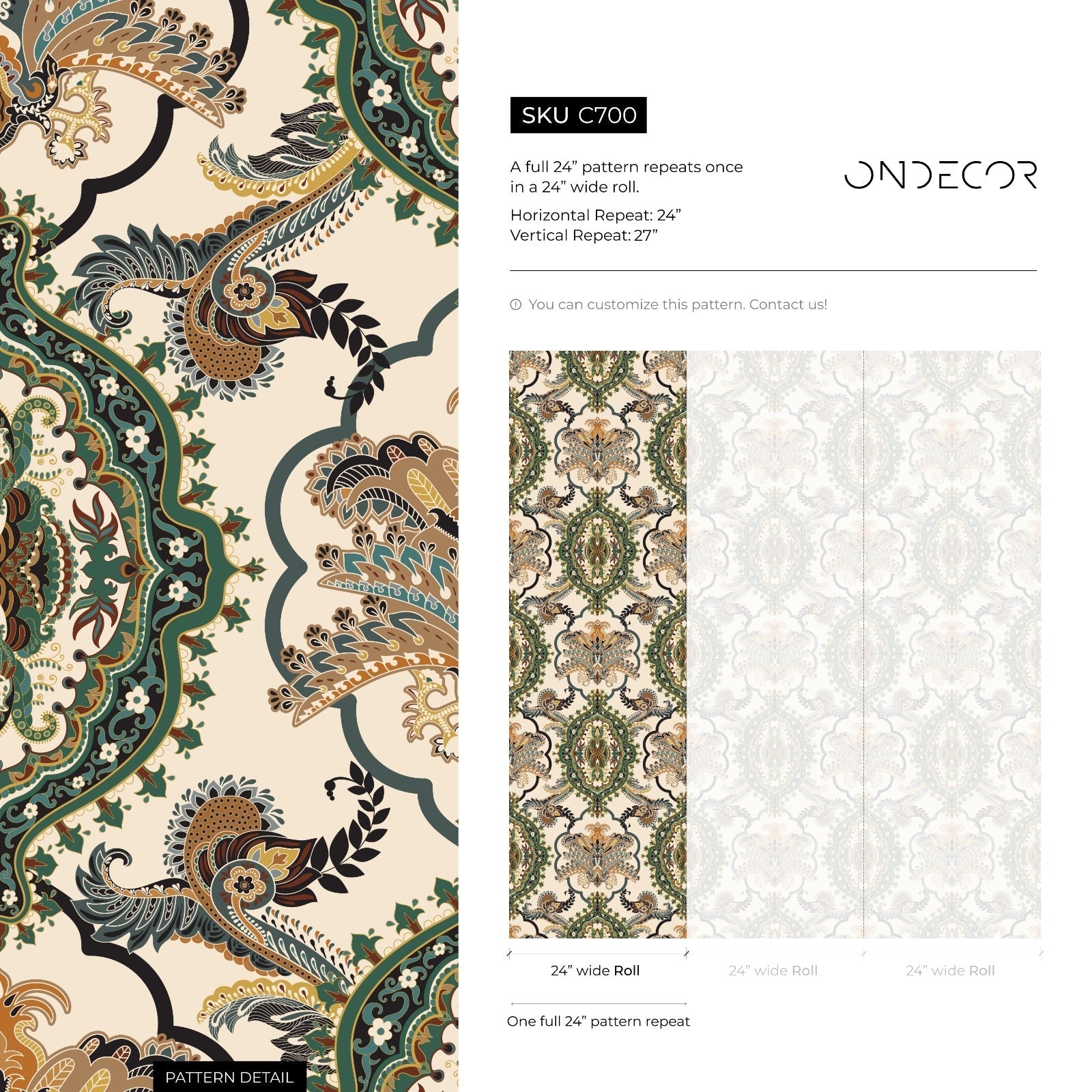 Damask Wallpaper With An Ornate Victorian Paisley Motif In Green, Gold, And Brown - C700