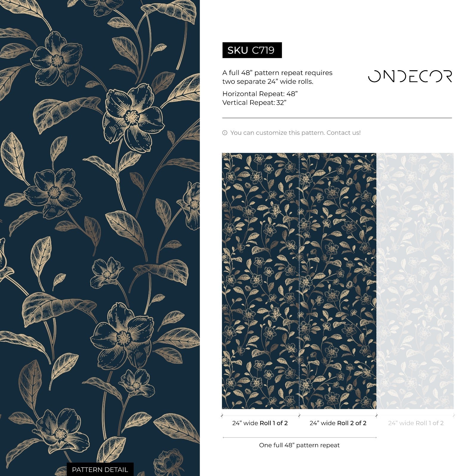 Floral Wallpaper With A Vintage Botanical Motif In Navy Blue And Gold - C719