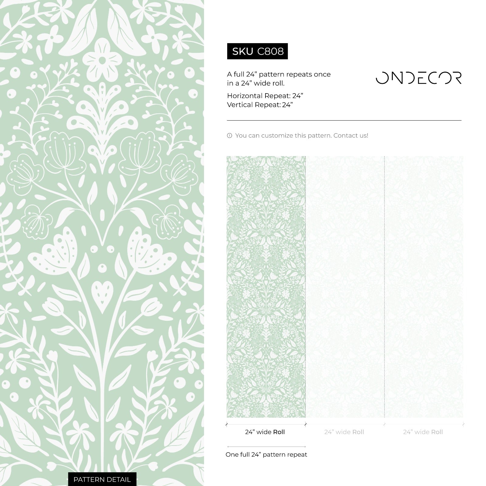 Botanical Wallpaper With A Folk Art Wildflower Motif In Mint Green And White - C808