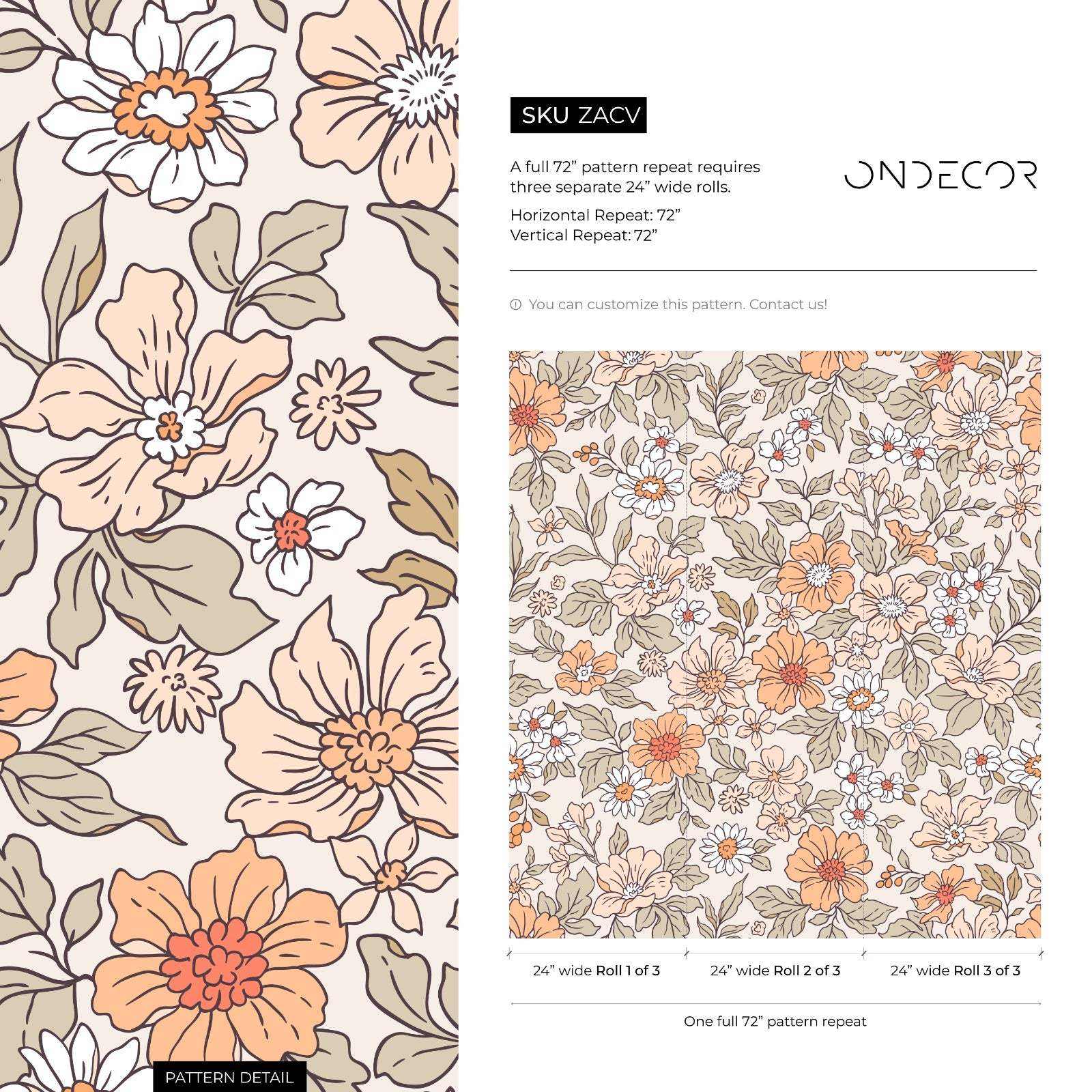 Vintage Wallpaper With A Retro Floral Motif In Peach, Orange, And Green - Zacv