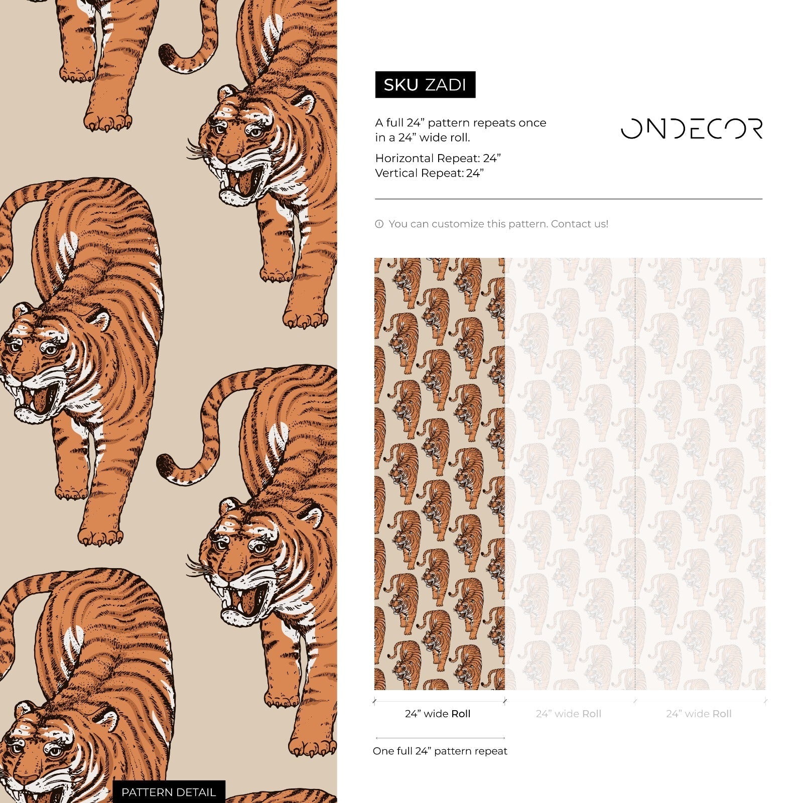 Animal Print Wallpaper Featuring Stylized Tigers In Orange, Black, And Beige - Zadi
