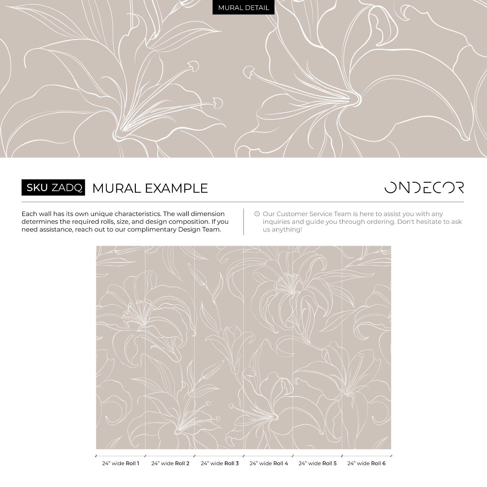 Floral Wallpaper With Elegant Lily Line Art In Beige And White - Zadq