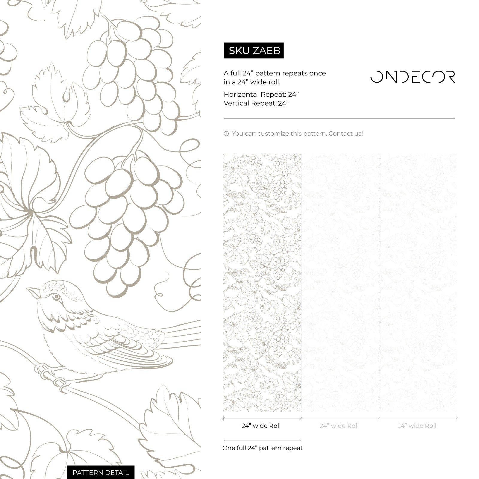 Botanical Wallpaper With A Grapevine And Bird Motif In Sage Green - Zaeb