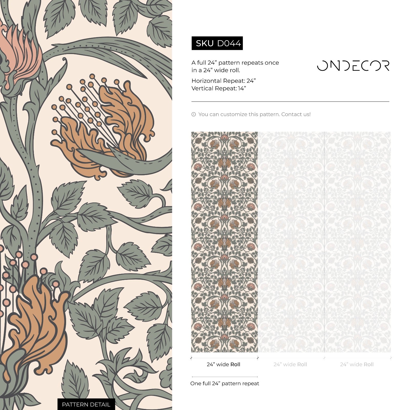 Vintage Wallpaper With An Arts And Crafts Floral Motif In Green, Pink, And Orange - D044