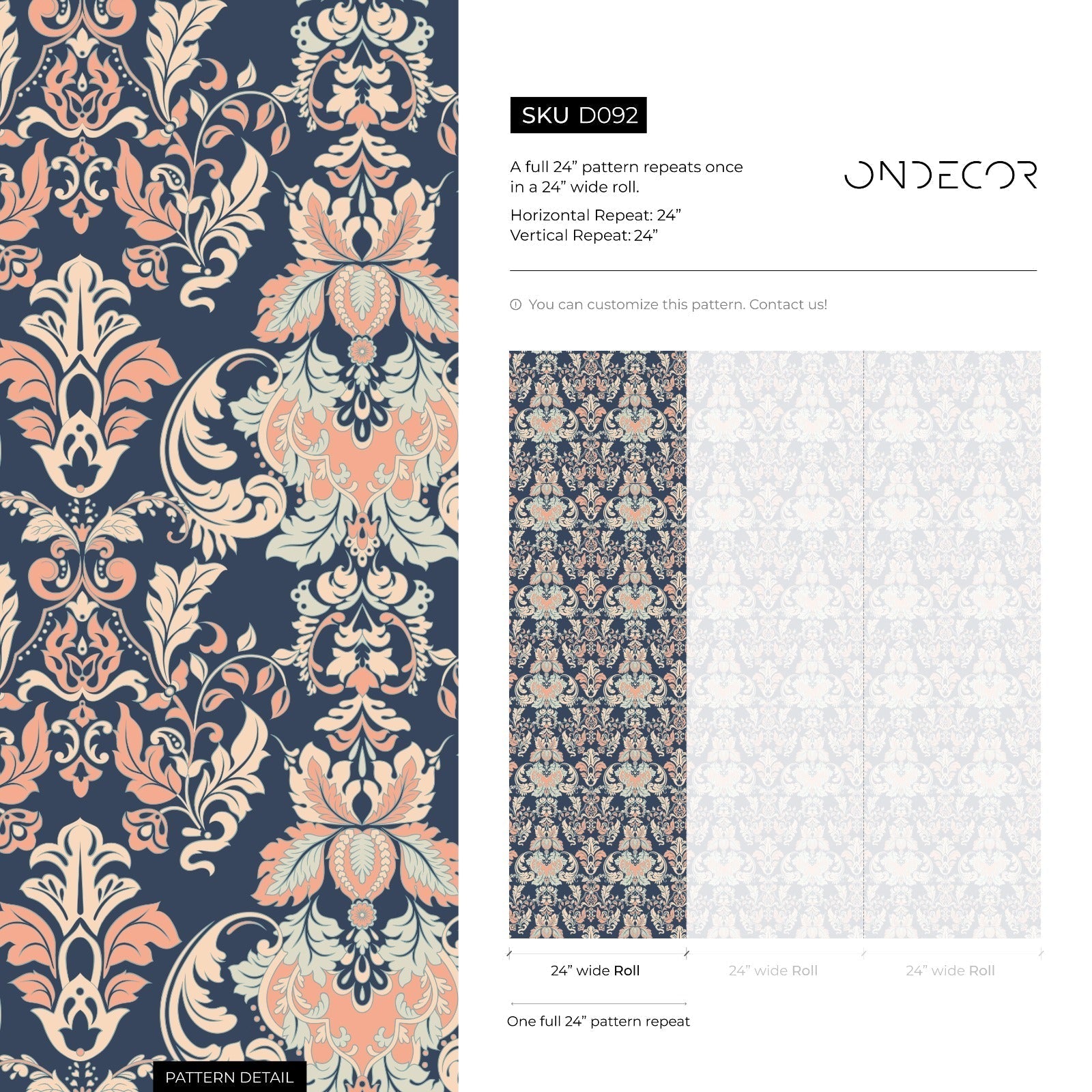 Damask Wallpaper With An Intricate Victorian Motif In Navy Blue, Coral, And Beige - D092