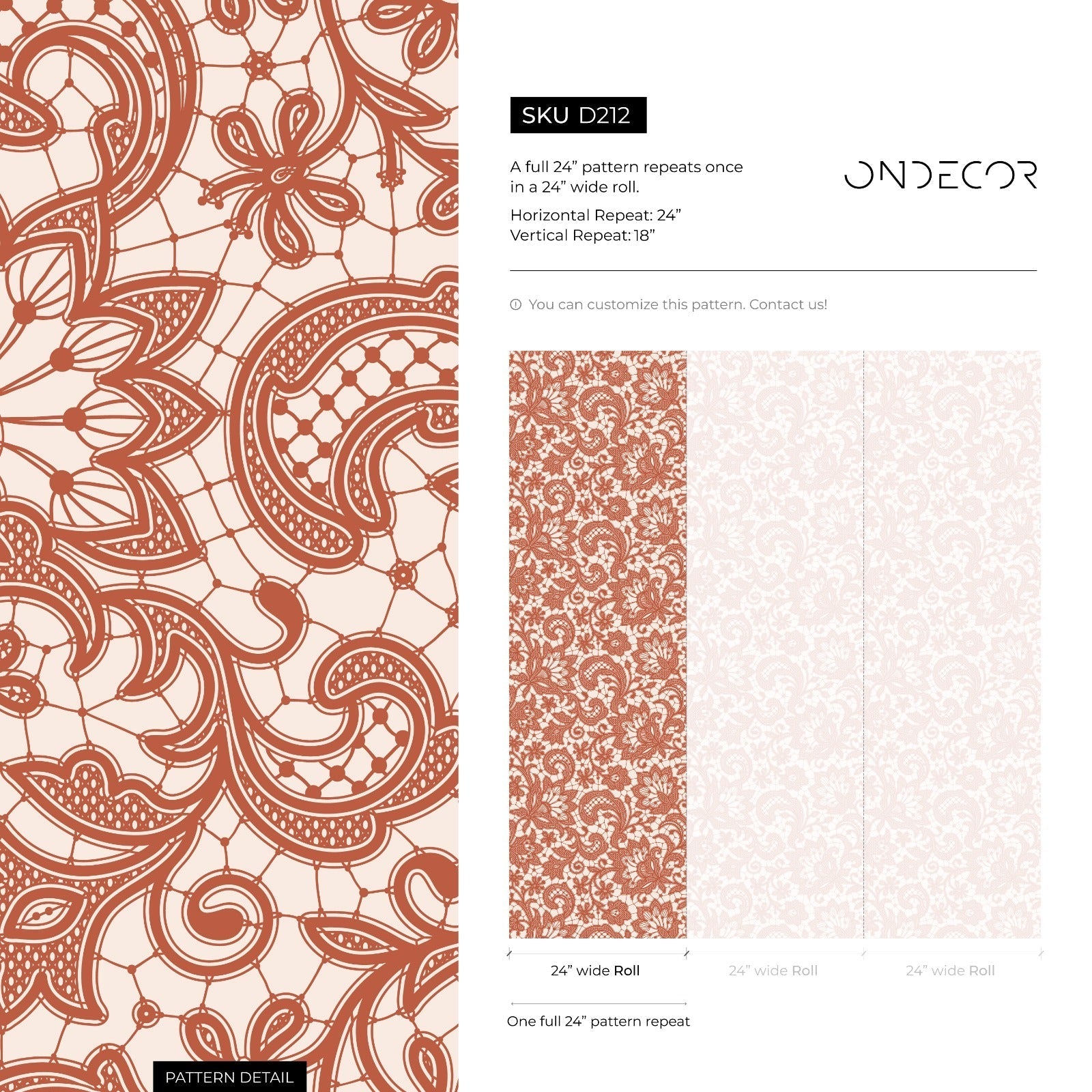 Lace Wallpaper With An Intricate Floral Motif In Terracotta Red - D212