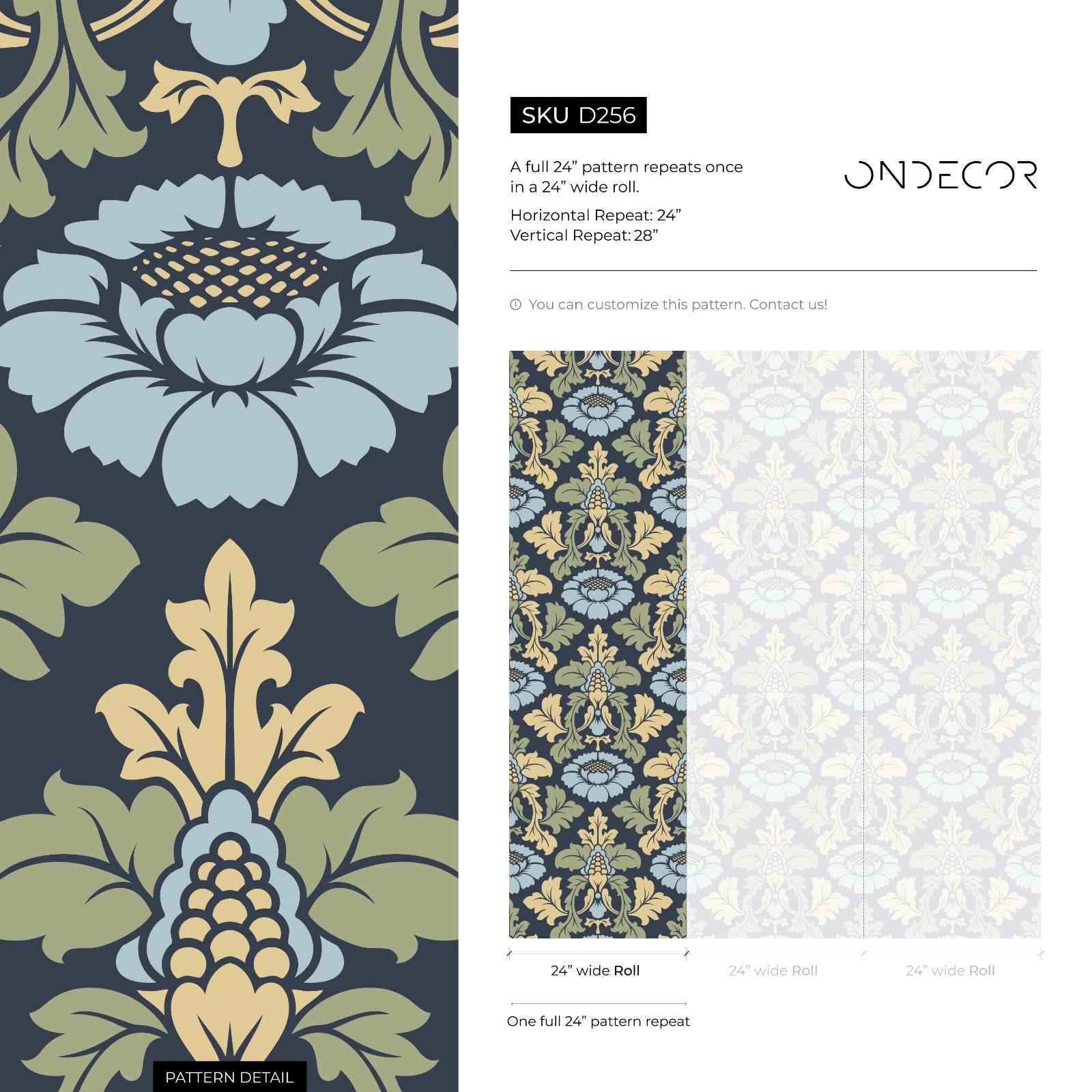 Damask Wallpaper With A Stylized Floral Motif In Navy Blue, Gold, And Light Blue - D256
