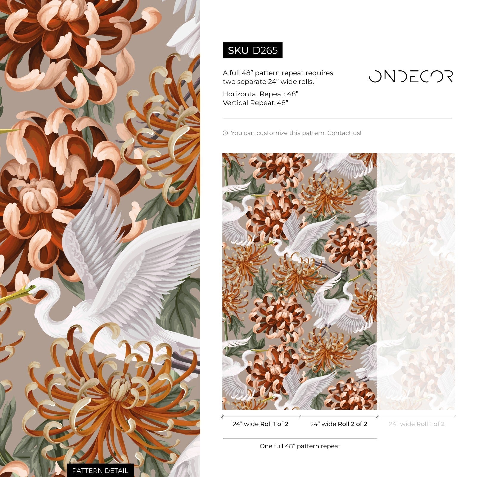 Chinoiserie Wallpaper With Cranes And Chrysanthemums In Orange And White - D265