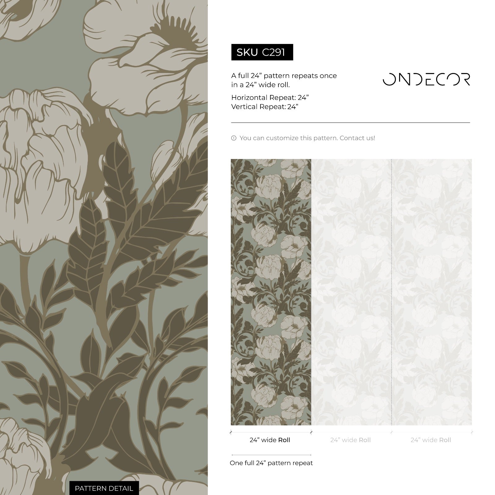 Vintage Floral Wallpaper With Elegant Peonies In Sage Green And Brown - C291