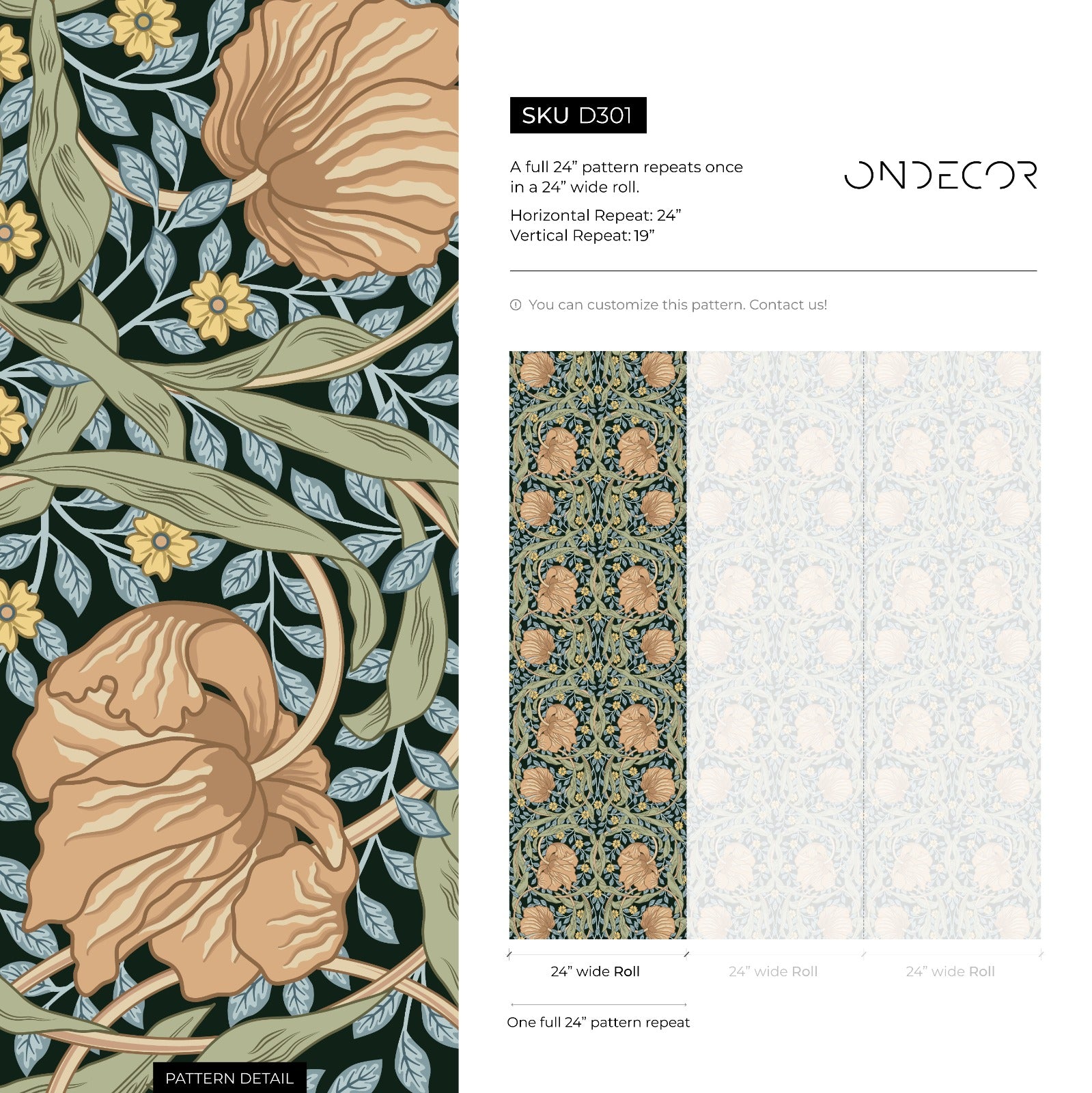 Vintage Wallpaper With An Arts And Crafts Floral Motif In Dark Green, Tan, And Yellow - D301