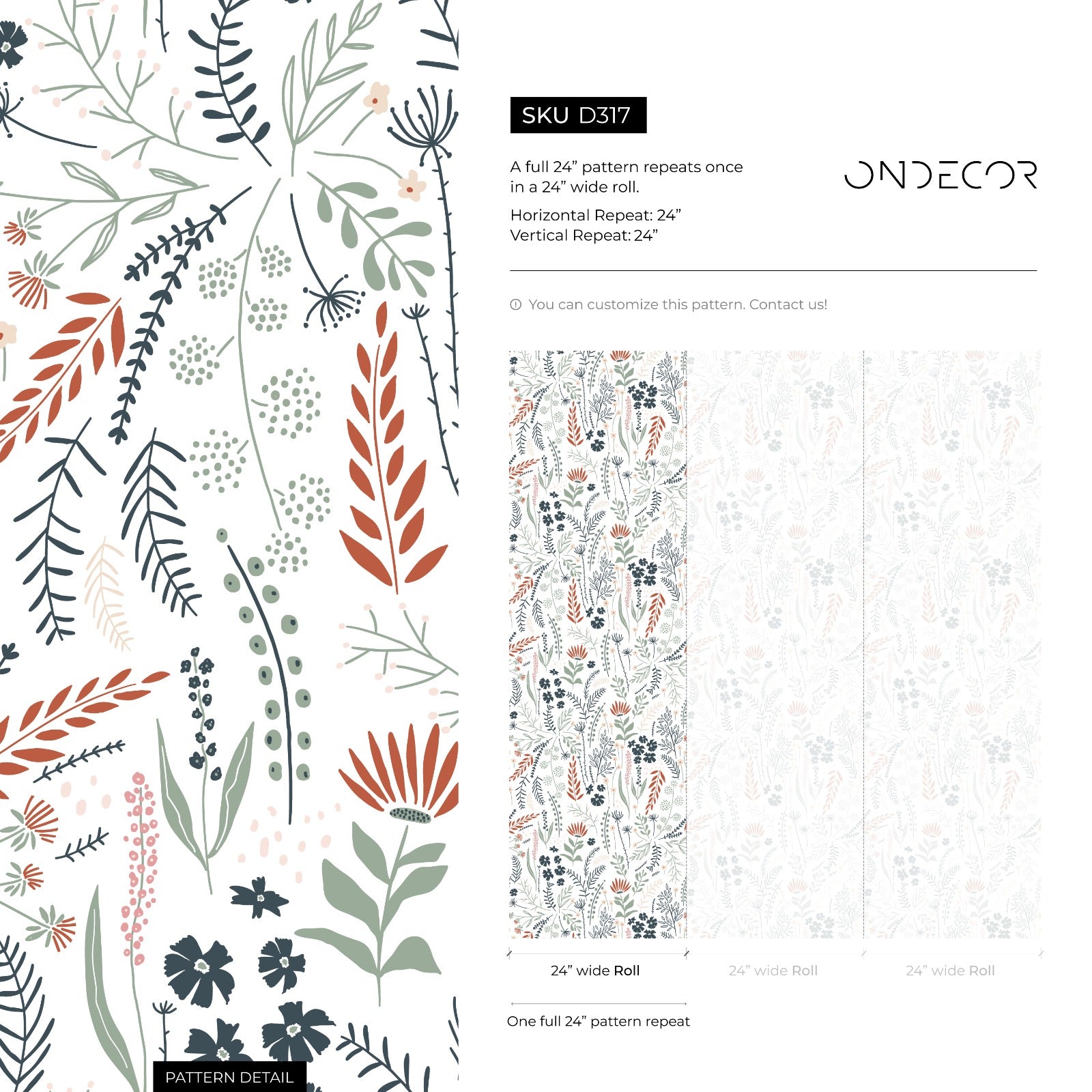 Wildflower Wallpaper With A Delicate Meadow Motif In Blue, Rust, And Green - D317
