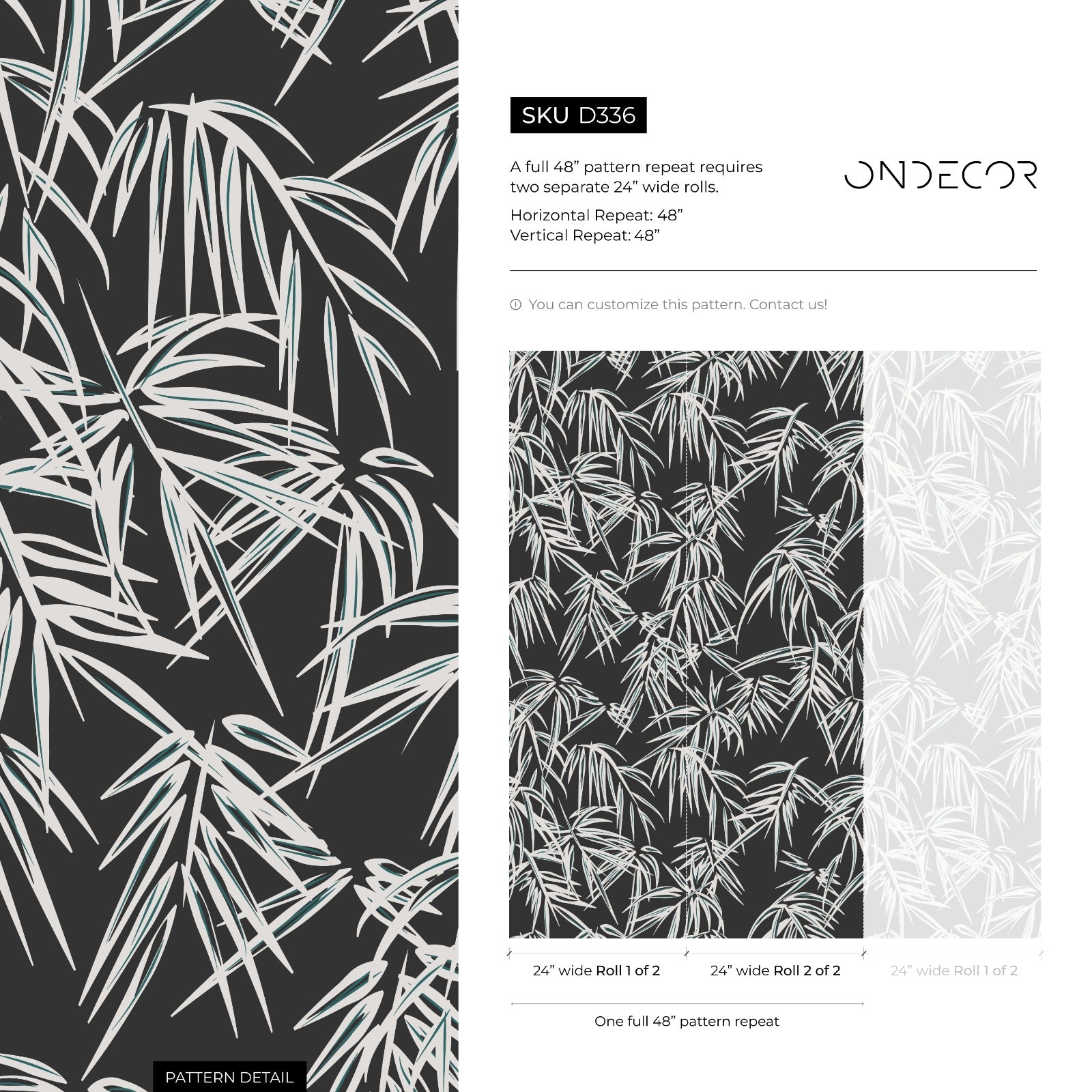 Botanical Wallpaper With A Stylized Palm Leaf Motif In Black And Gray - D336