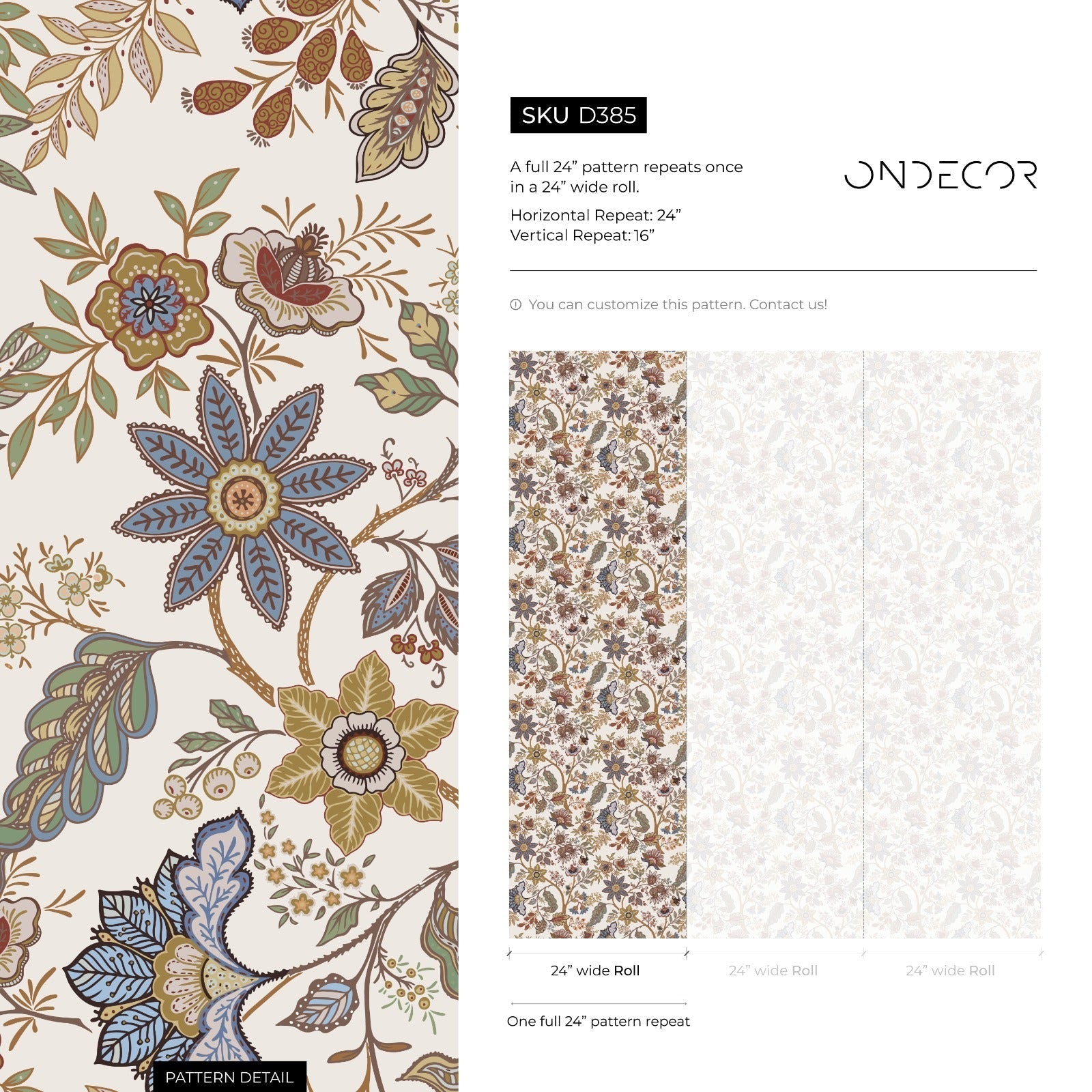Chintz Wallpaper With A Vintage Floral Vine Motif In Taupe, Blue, And Green - D385