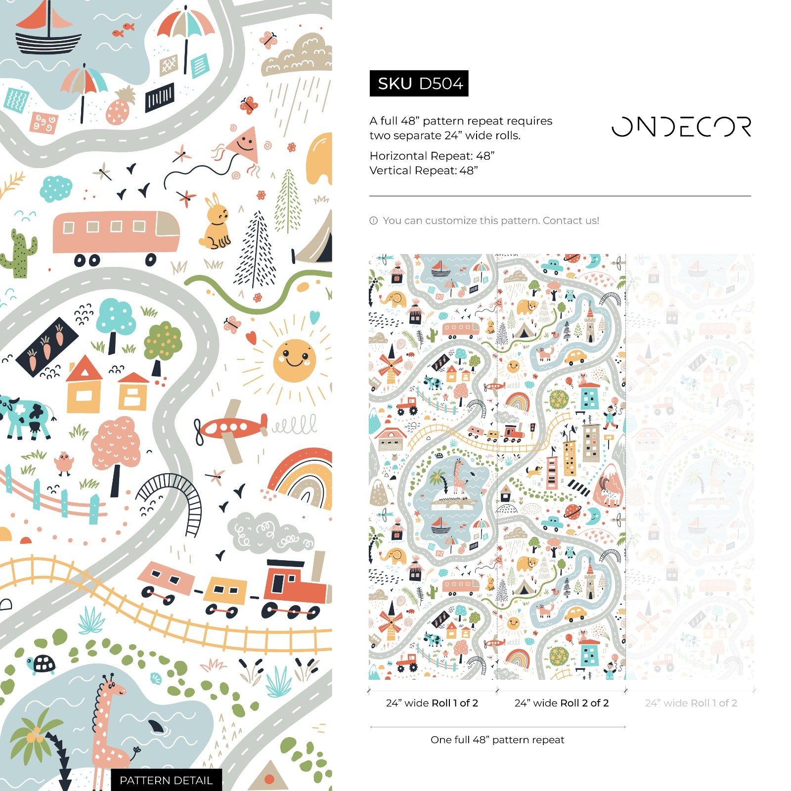 Kids Map Wallpaper With A Town, Roads, And Animals In Blue, Red, And Yellow - D504