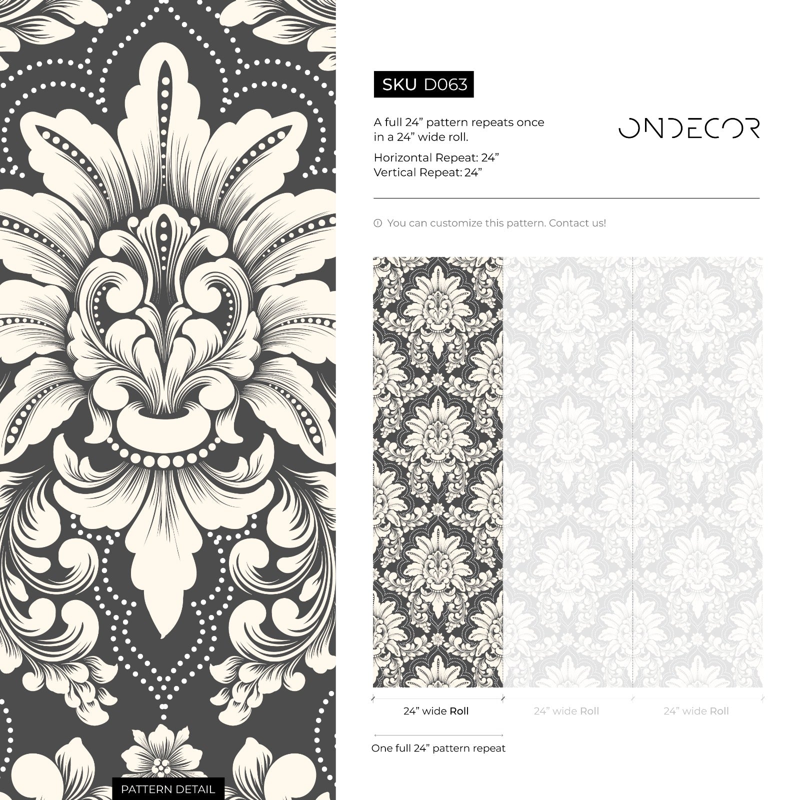 Damask Wallpaper With An Intricate Vintage Motif In Charcoal Gray And Cream - D063