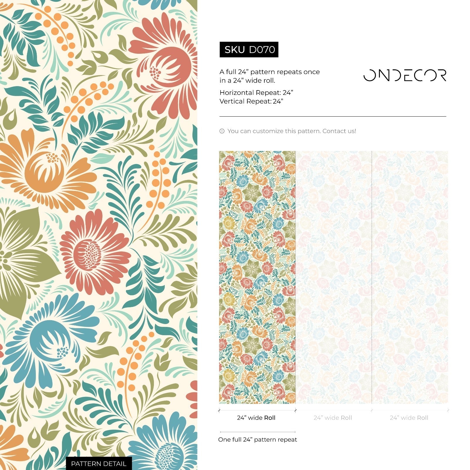 Floral Wallpaper With Stylized Folk Art Flowers In Red, Blue, And Green - D070