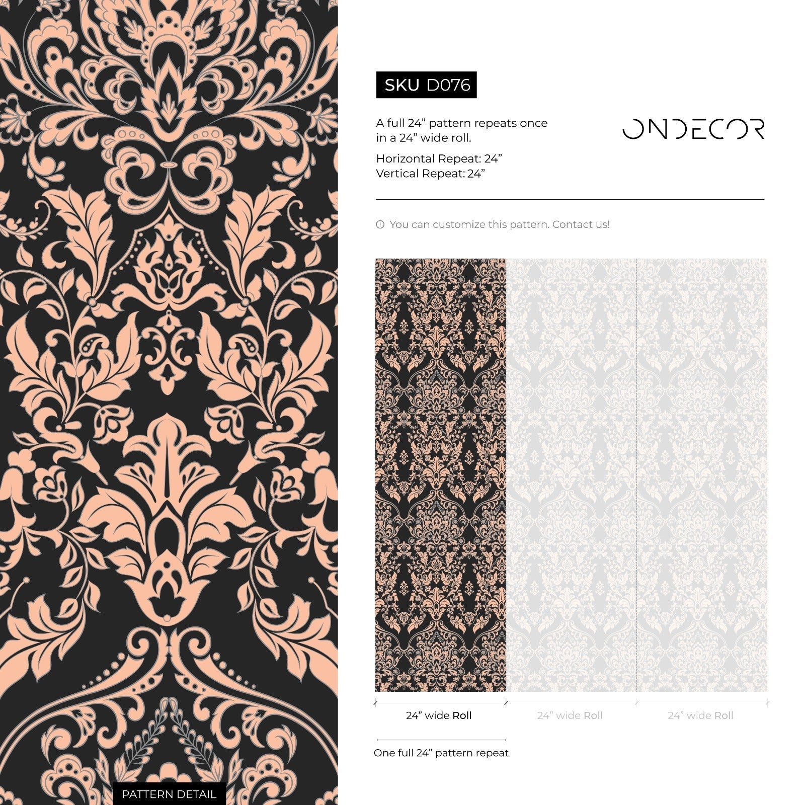 Victorian Wallpaper With An Ornate Damask Motif In Black And Rose Gold - D076