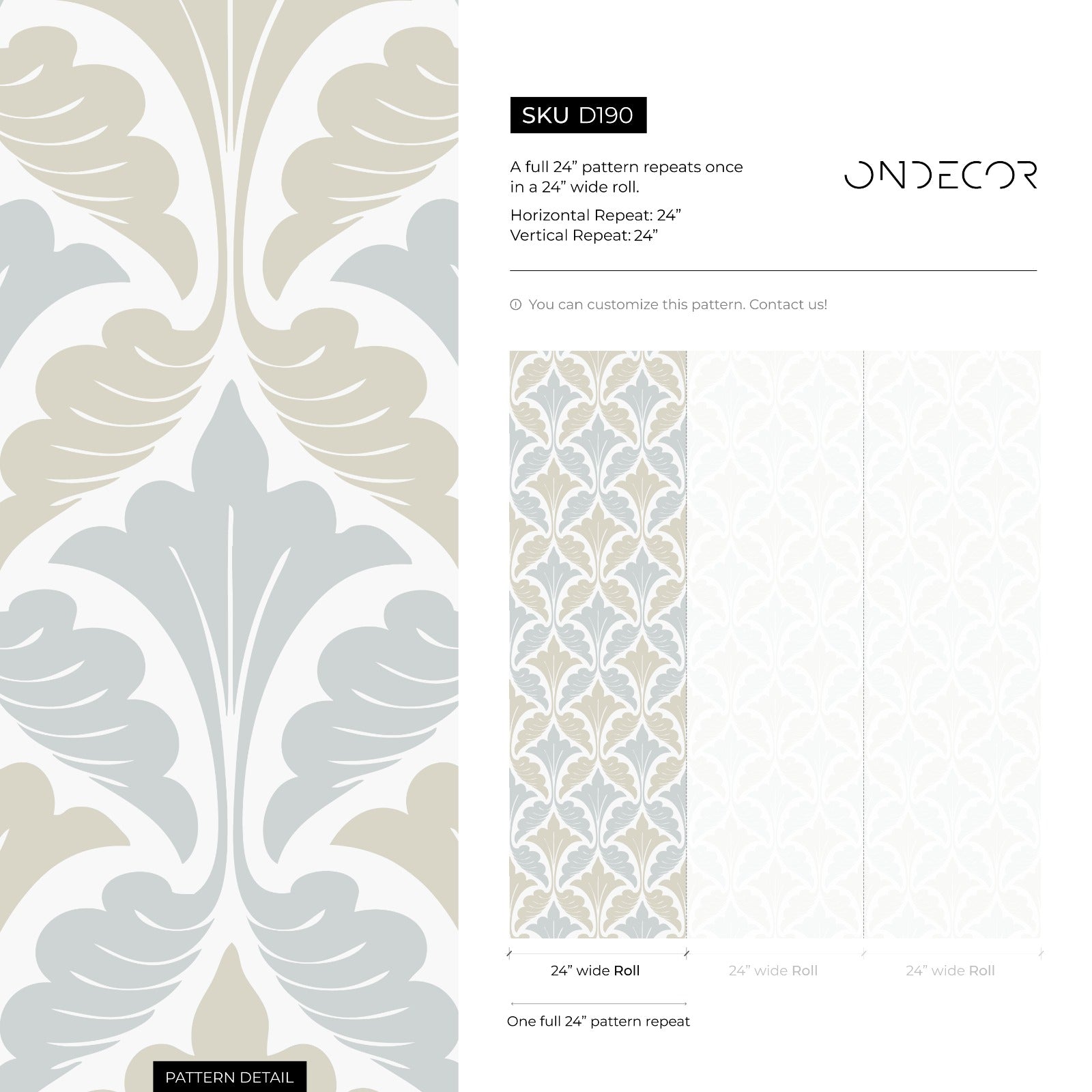 Damask Wallpaper With A Stylized Leaf Motif In Light Blue And Beige - D190