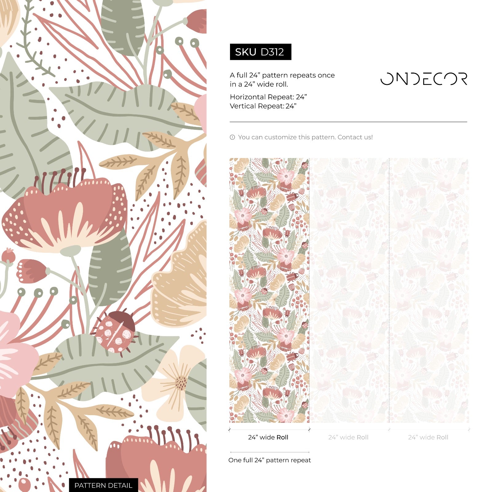Boho Wallpaper With Stylized Flowers And Beetles In Pink, Green, And Terracotta - D312