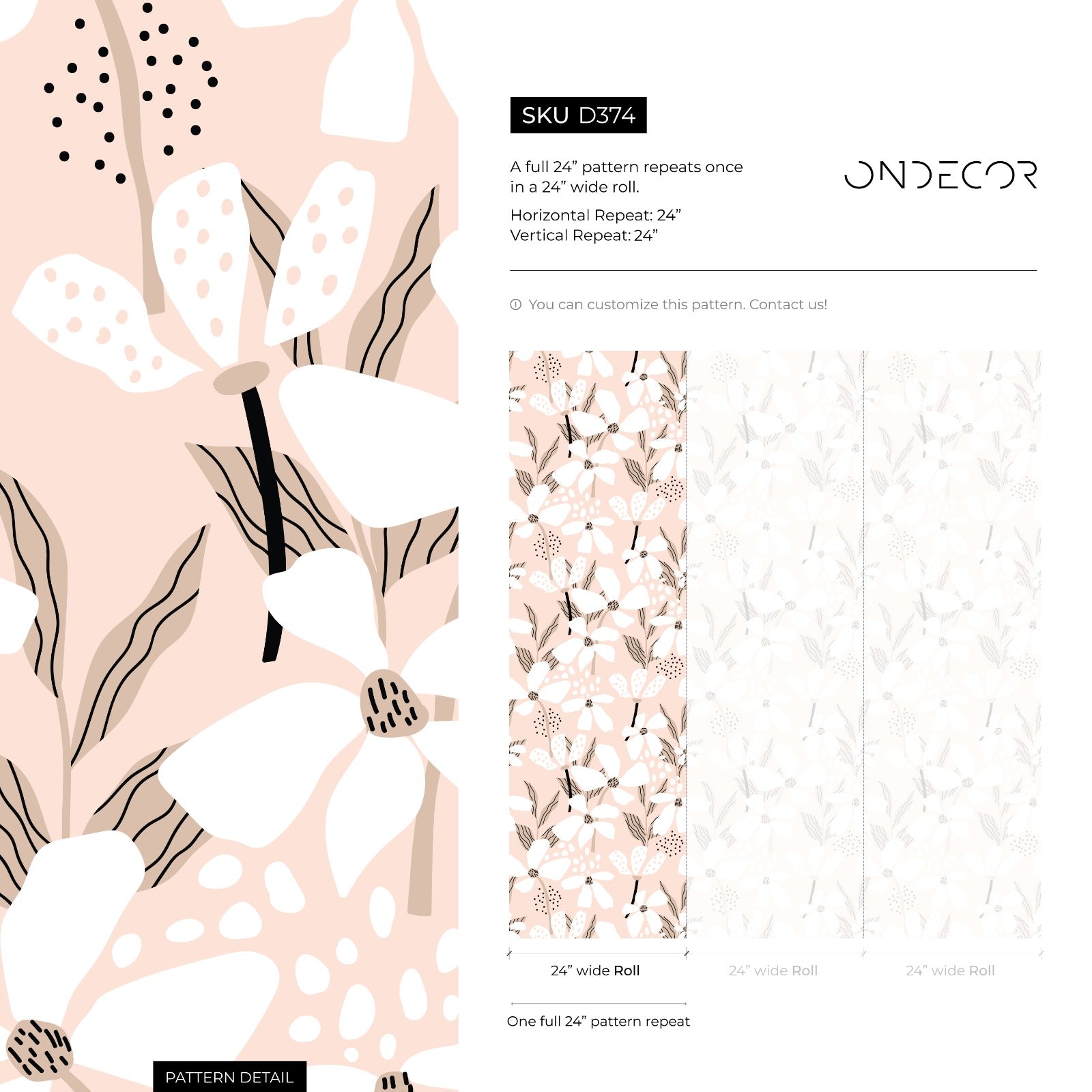 Abstract Floral Wallpaper With Stylized Blooms In Pink And Black - D374