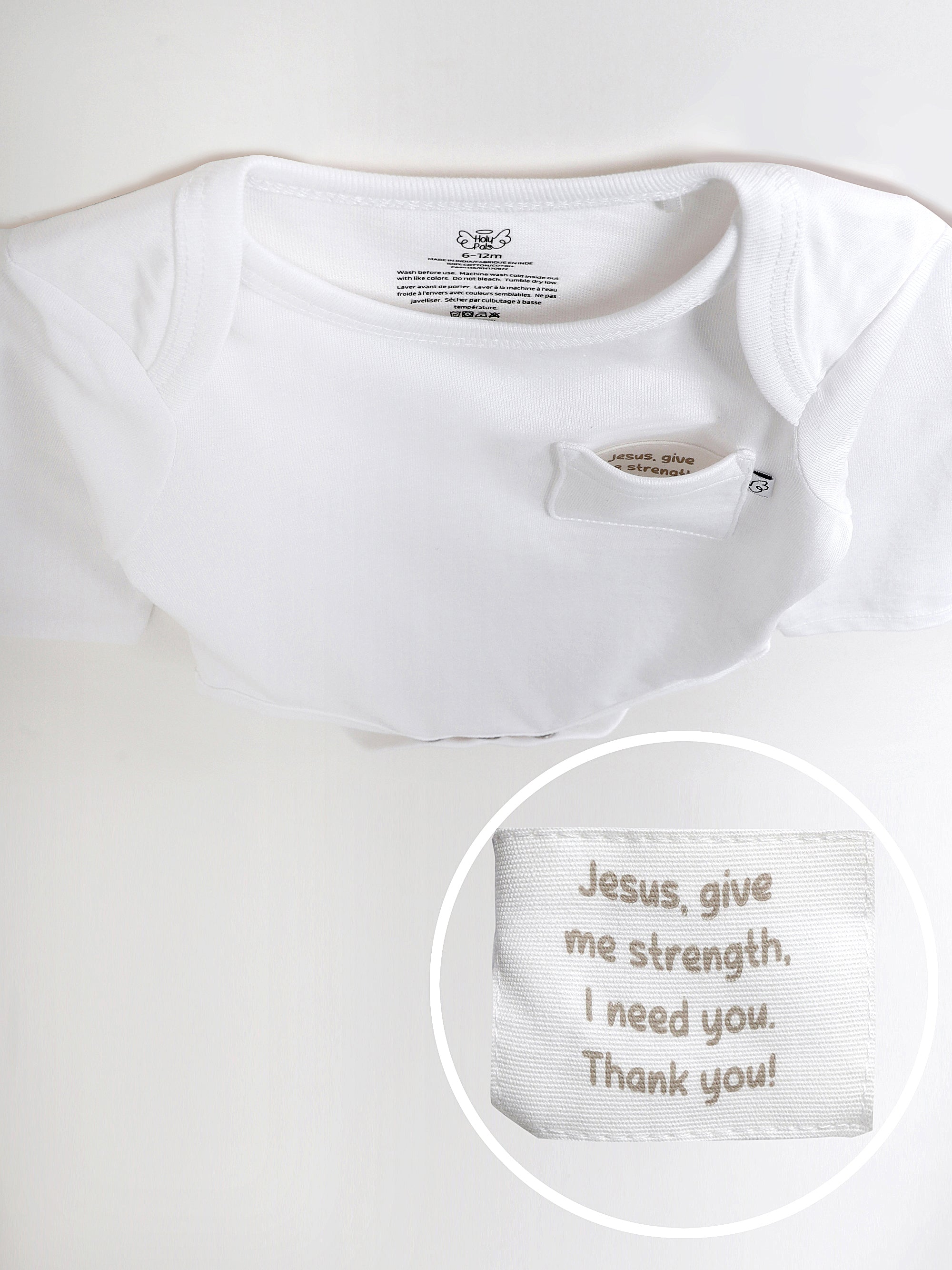 White Prayer Pocket Long Sleeve Bodysuit Cotton