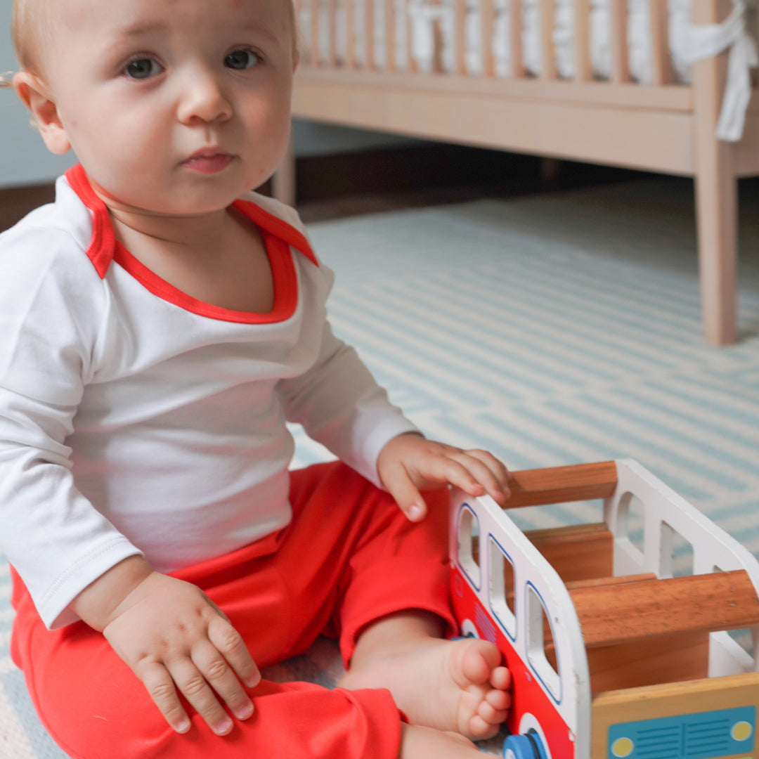 Long Sleeve Bodysuit In White With Engine Red