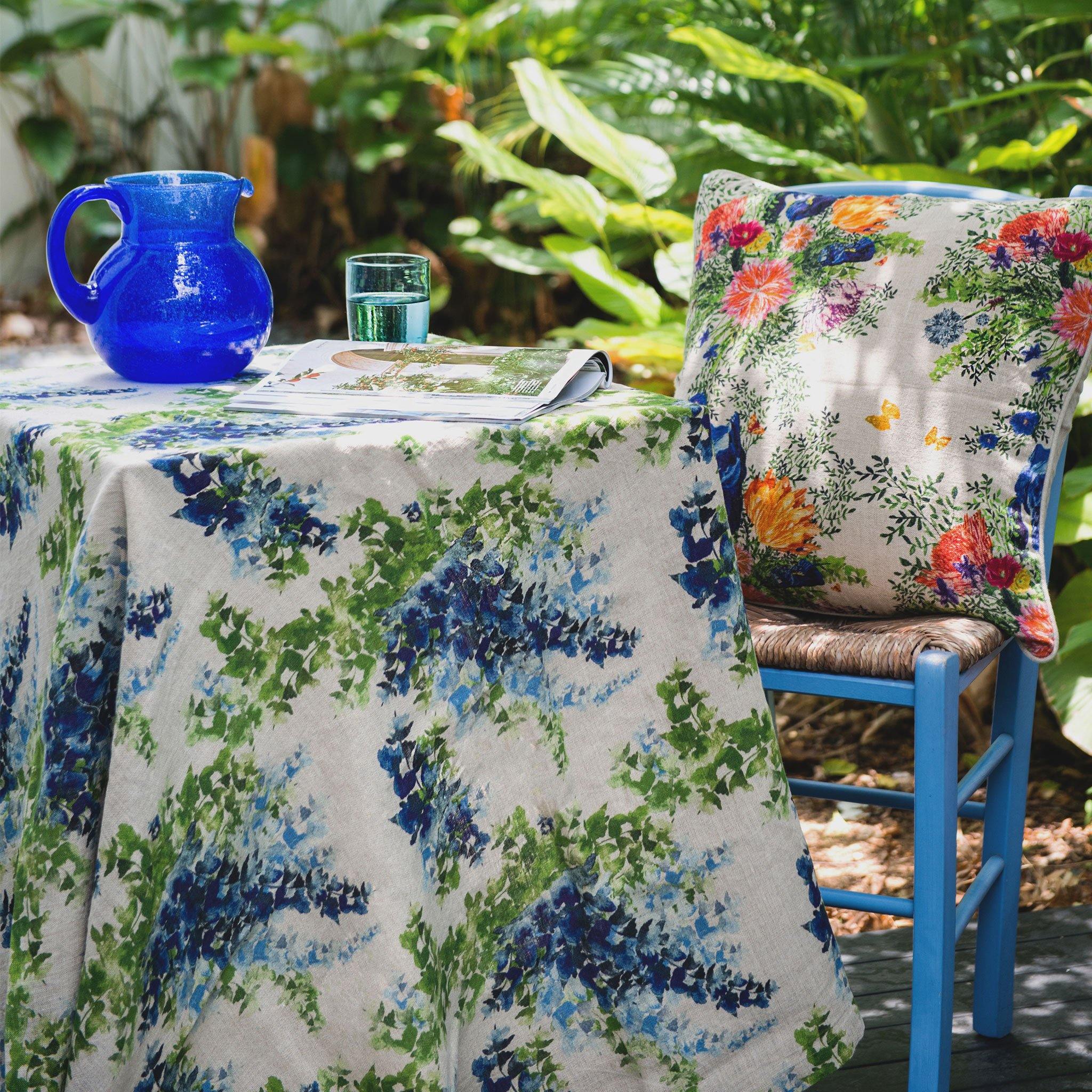 Organic Linen Tablecloth In Blue And Green Wisteria Print