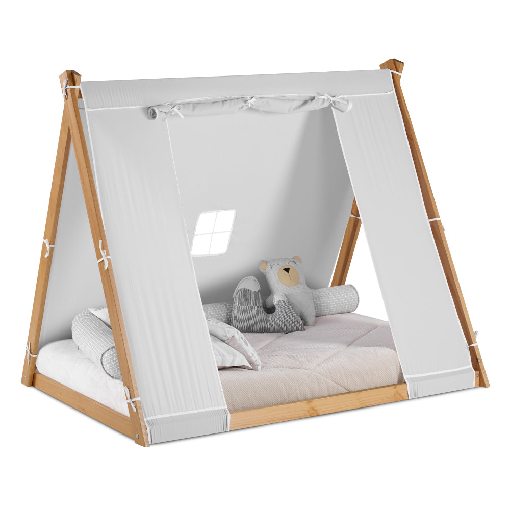 Kid's Tent Twin Floor Bed –  Grey Tent with Natural Frame