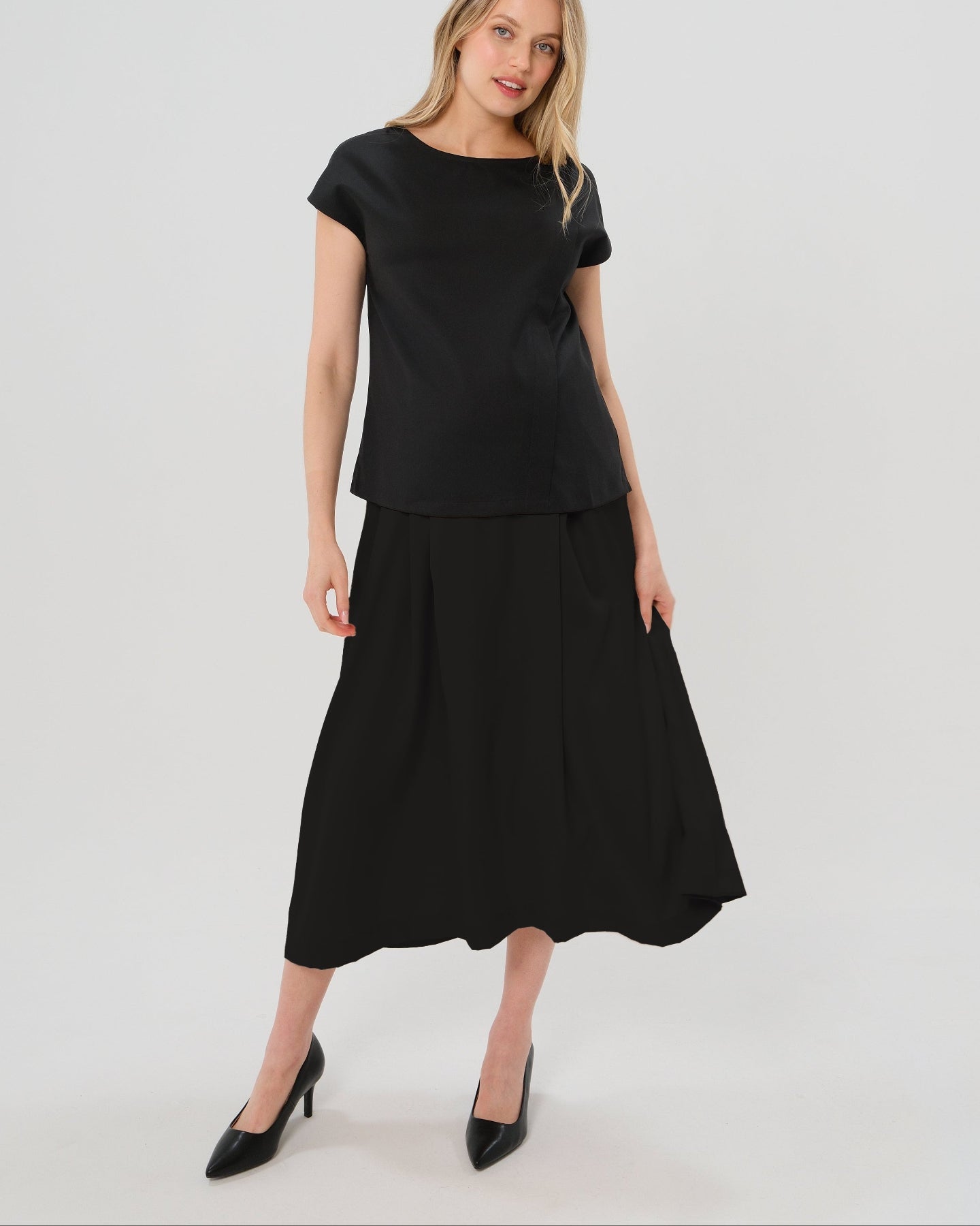 Over-under Bump Pleated Maternity Maxi Skirt In Lightweight Wool Blend