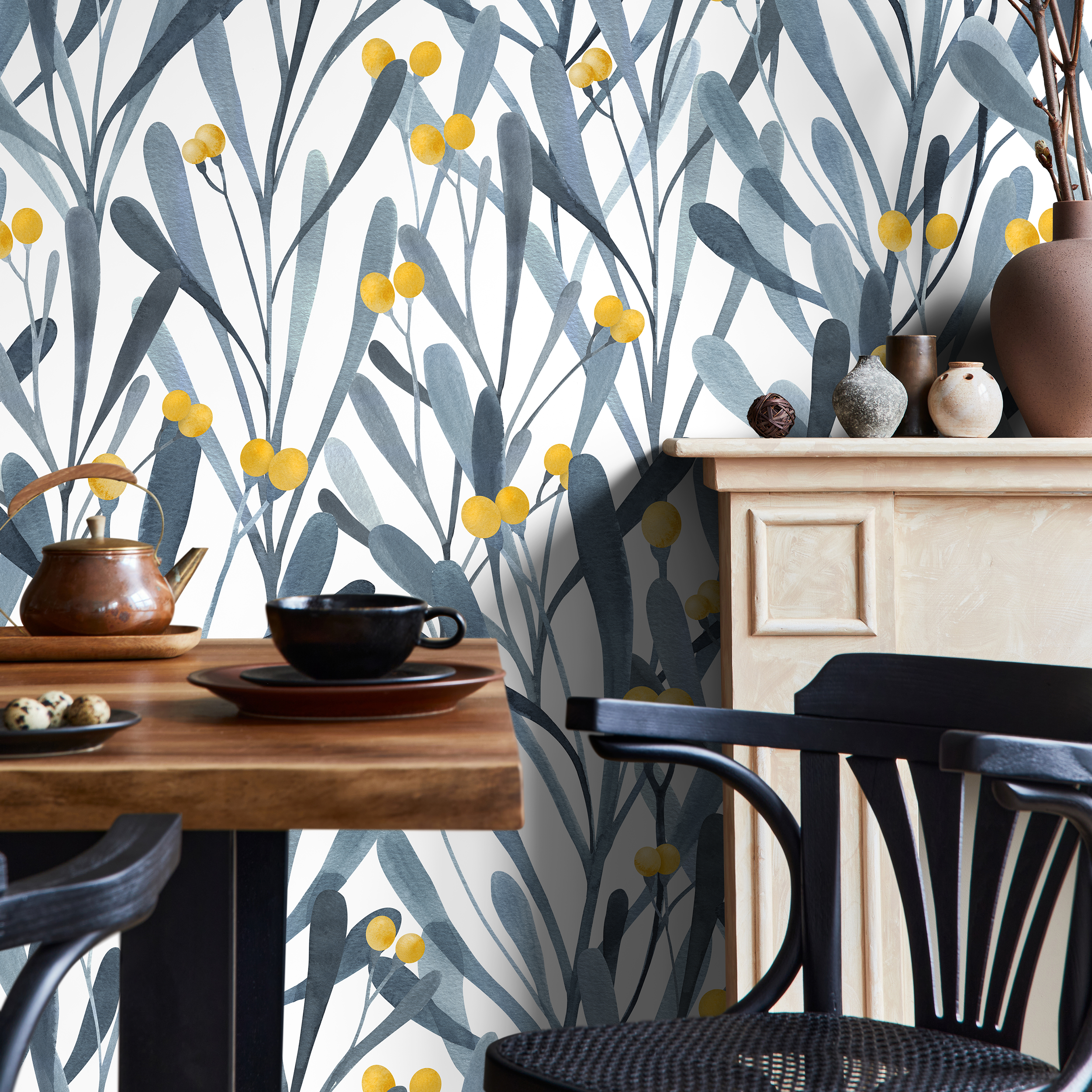 Botanical Wallpaper With Stylized Berries And Leaves In Blue And Yellow - X059