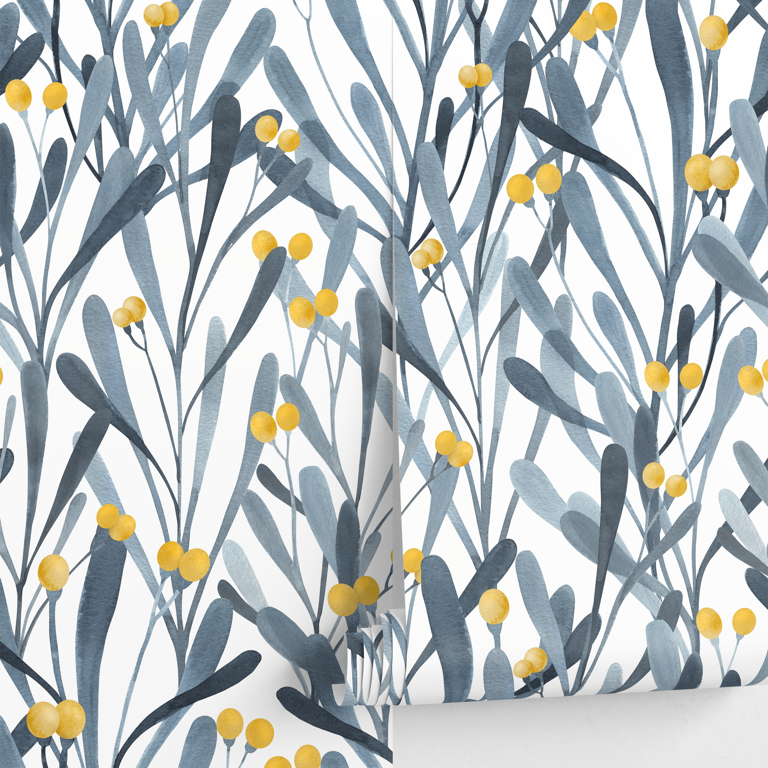 Botanical Wallpaper With Stylized Berries And Leaves In Blue And Yellow - X059