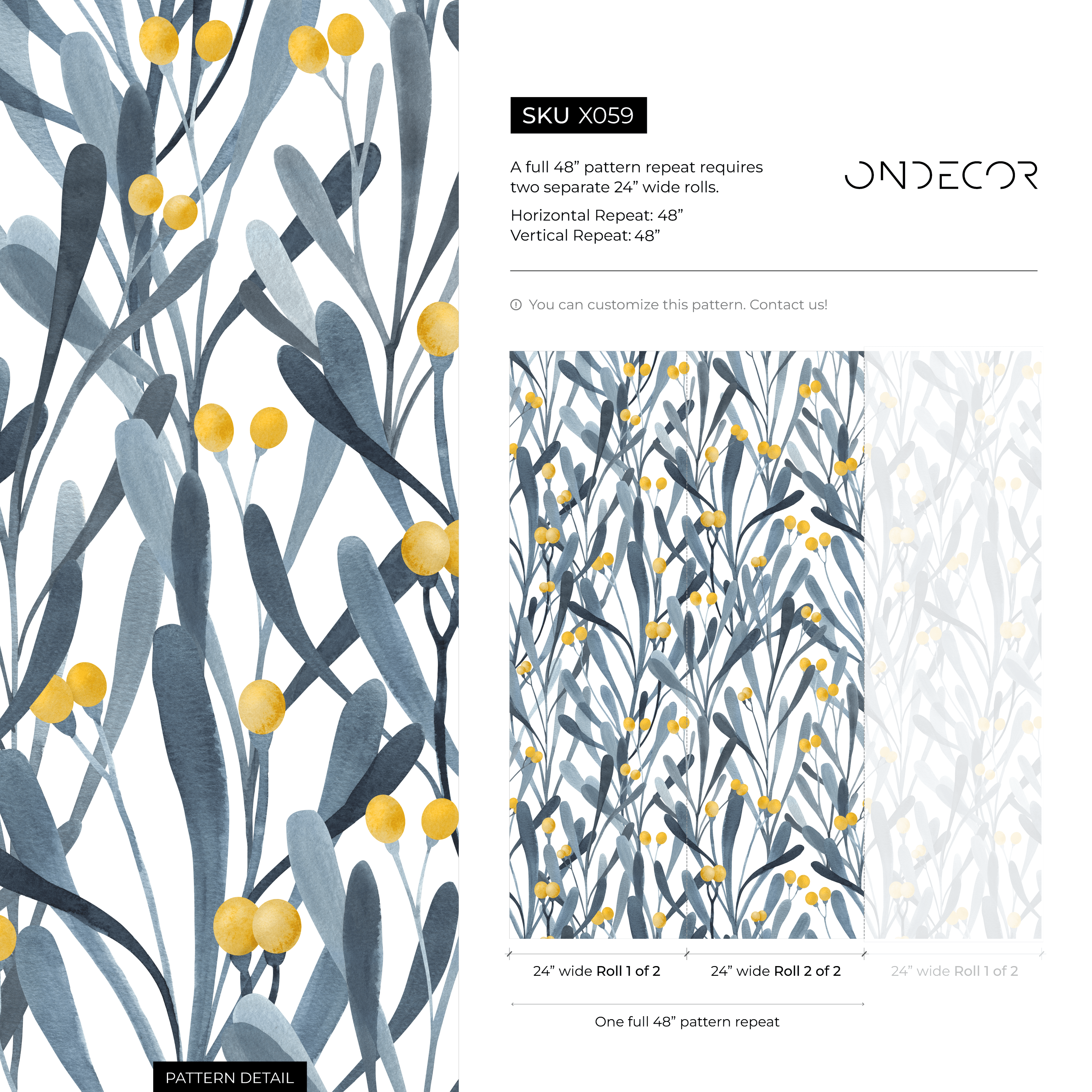 Botanical Wallpaper With Stylized Berries And Leaves In Blue And Yellow - X059