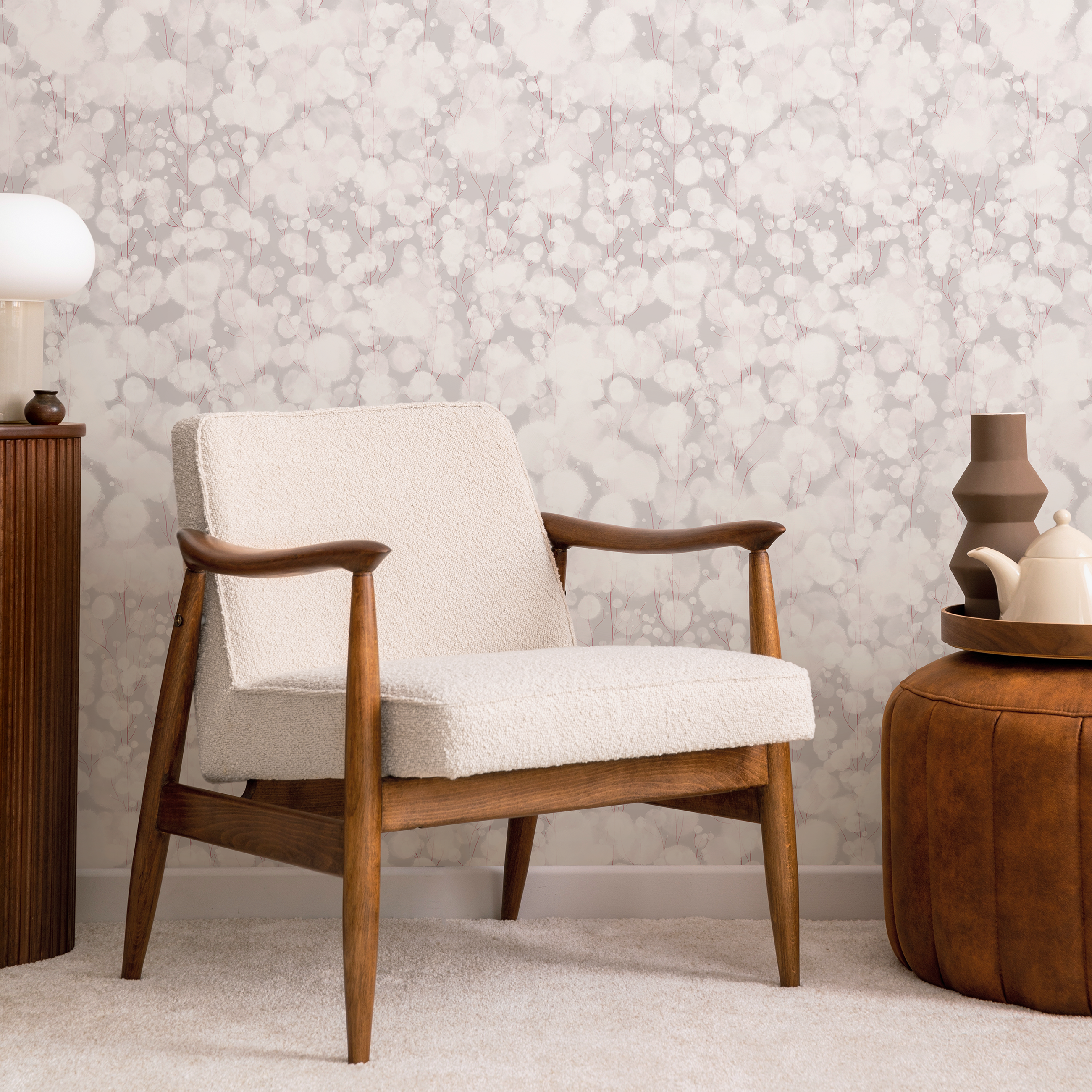 Abstract Wallpaper With Delicate Blooming Branches In Gray And Red - X128