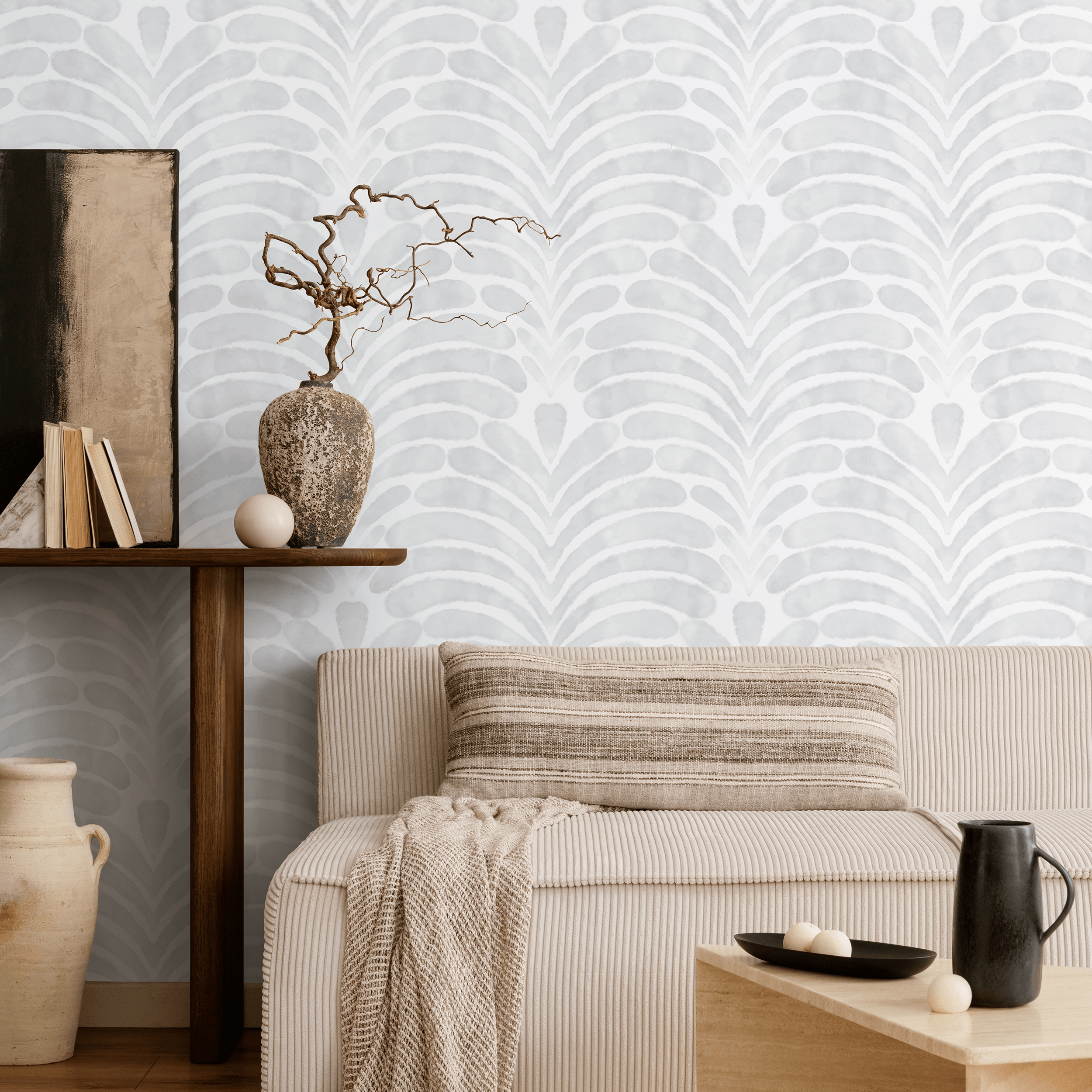 Botanical Wallpaper With A Modern Palm Leaf Motif In Light Gray - X138