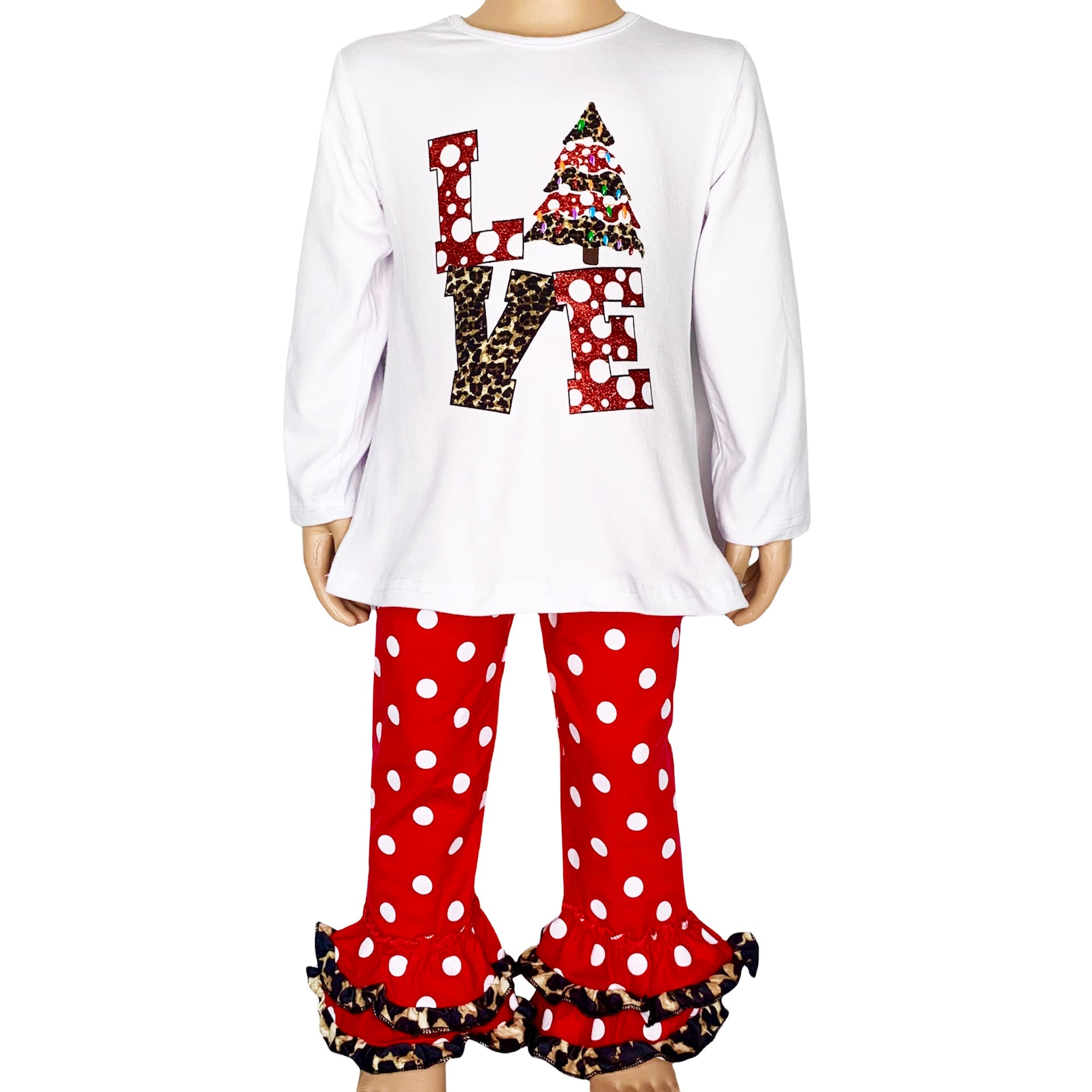 Girls Love Christmas Top & Red Polka Dot Ruffle Pants Set