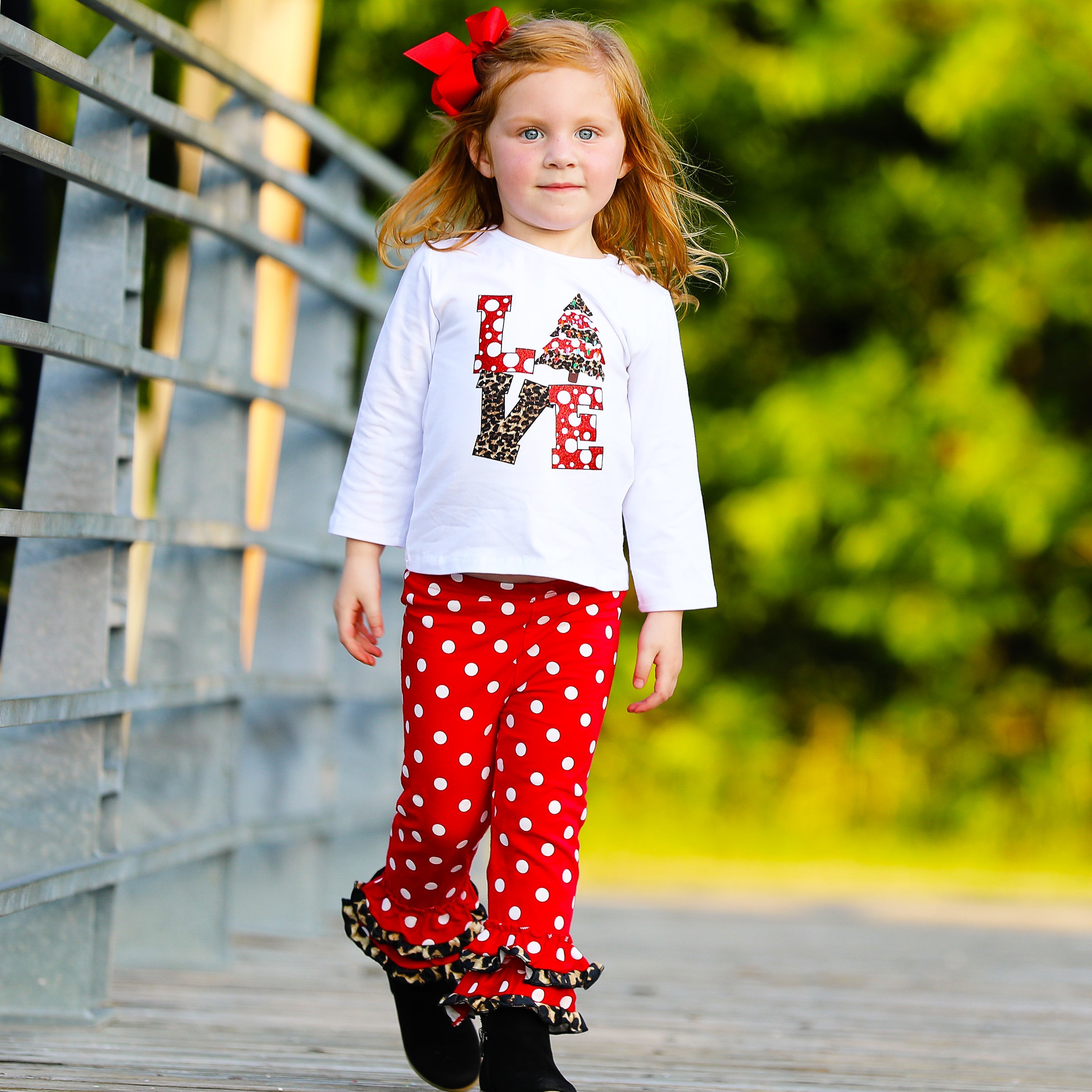 Girls Love Christmas Top & Red Polka Dot Ruffle Pants Set