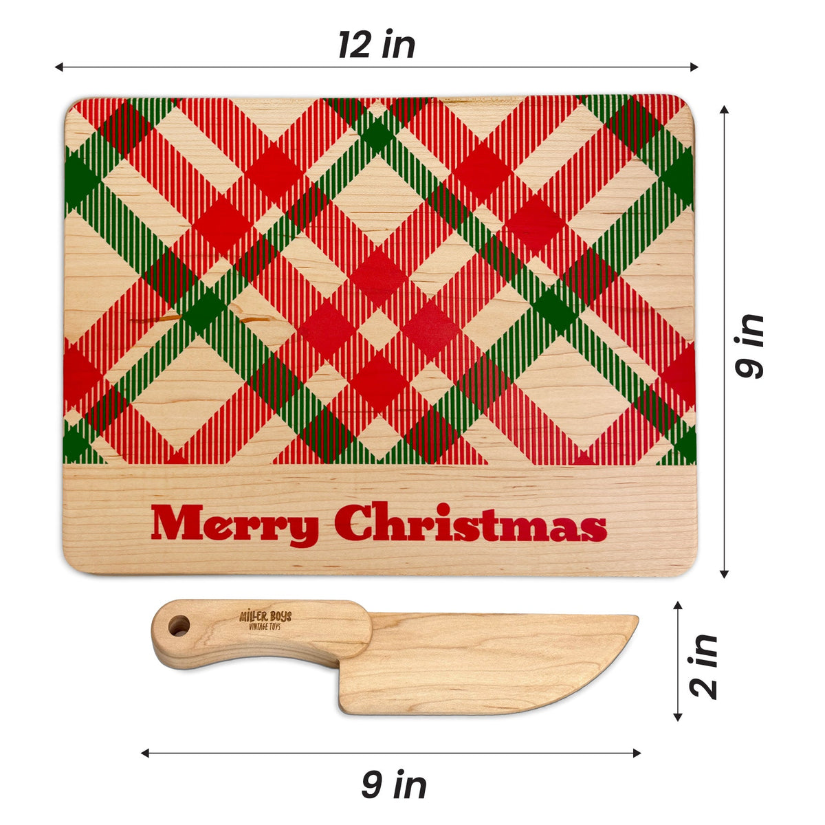Kid's Chef-in-training Christmas Plaid Wooden Cutting Board With Handcrafted Wooden Knife | Made In The Usa 🇺🇸