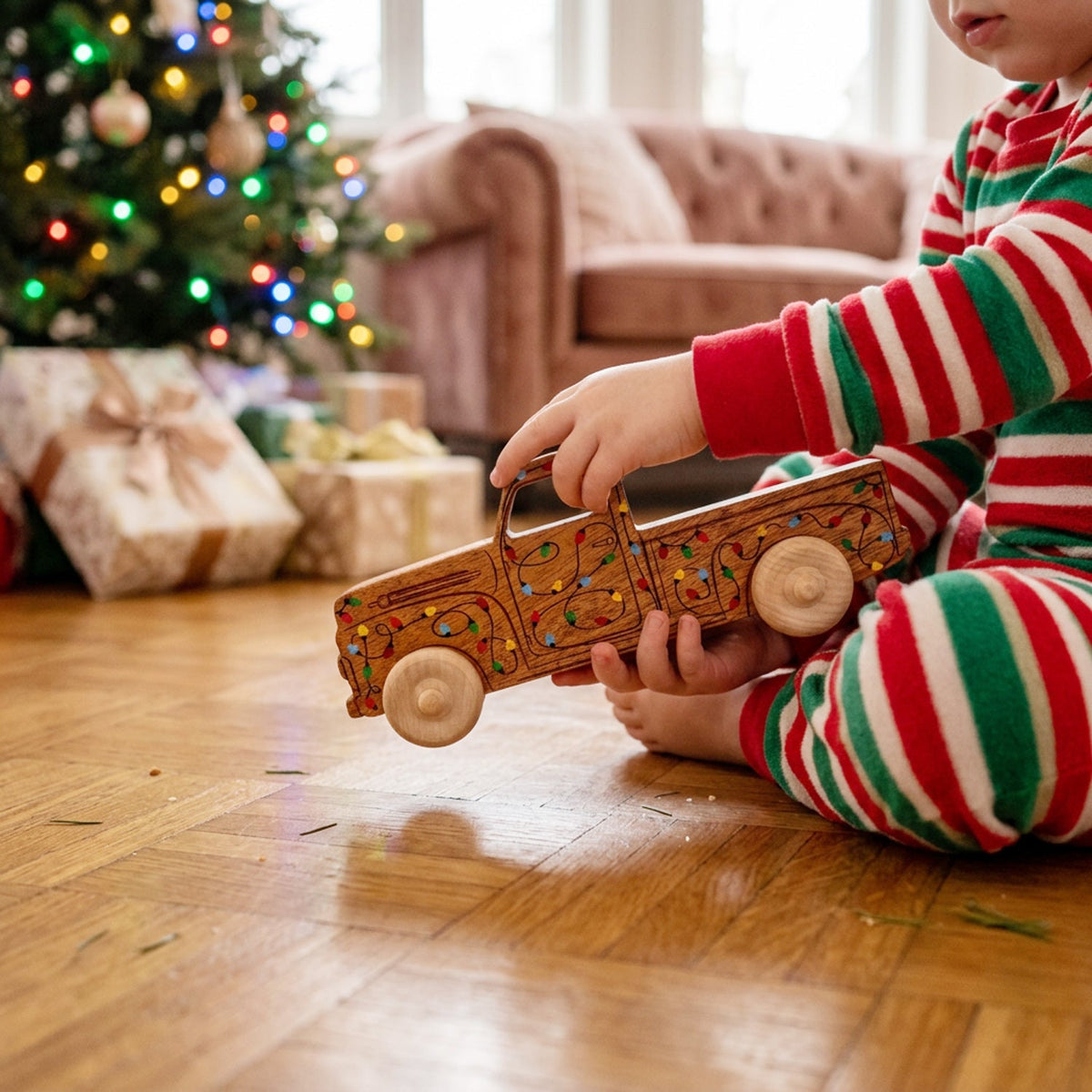Montessori Educational 9" Holiday Lights Wooden Pickup Truck For Toddlers 1+ Years | Eco-friendly Maple Wood Toy | Made In The Usa 🇺🇸
