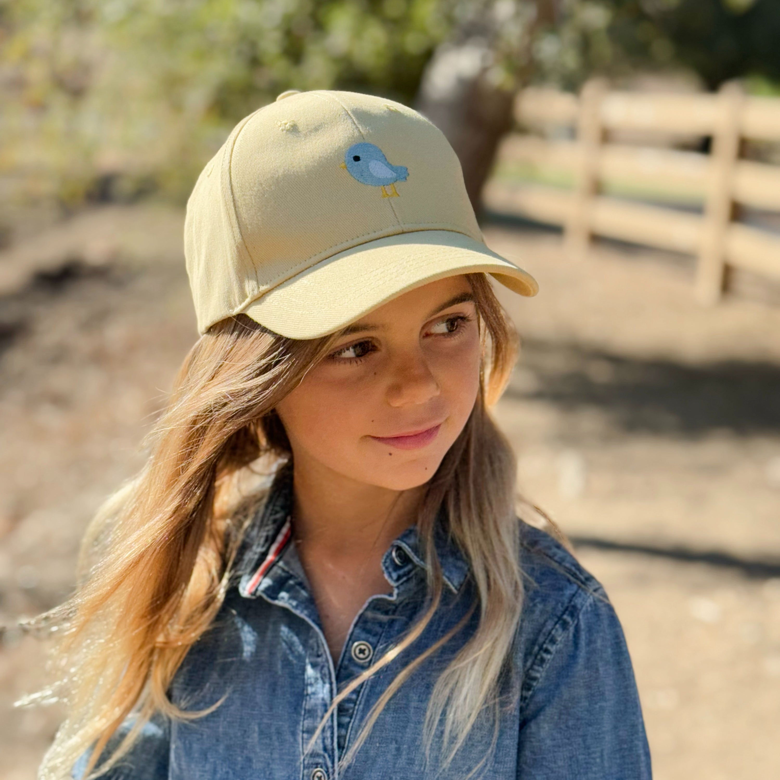 Girls Bird Patch Baseball Cap (age 3-6/7y) For Toddler And Little Girls, Natural Cotton- Vintage Yellow