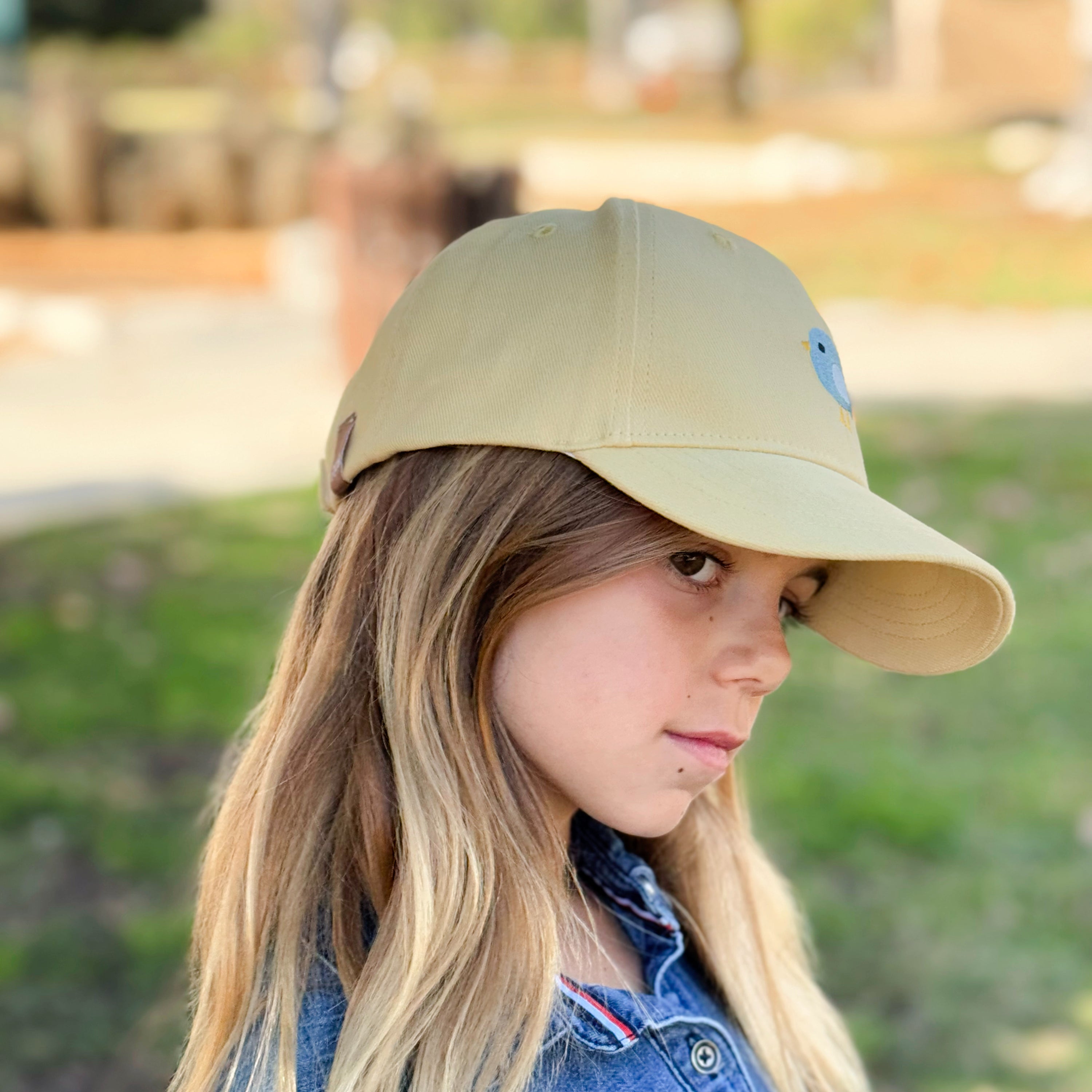 Girls Bird Patch Baseball Cap (age 3-6/7y) For Toddler And Little Girls, Natural Cotton- Vintage Yellow