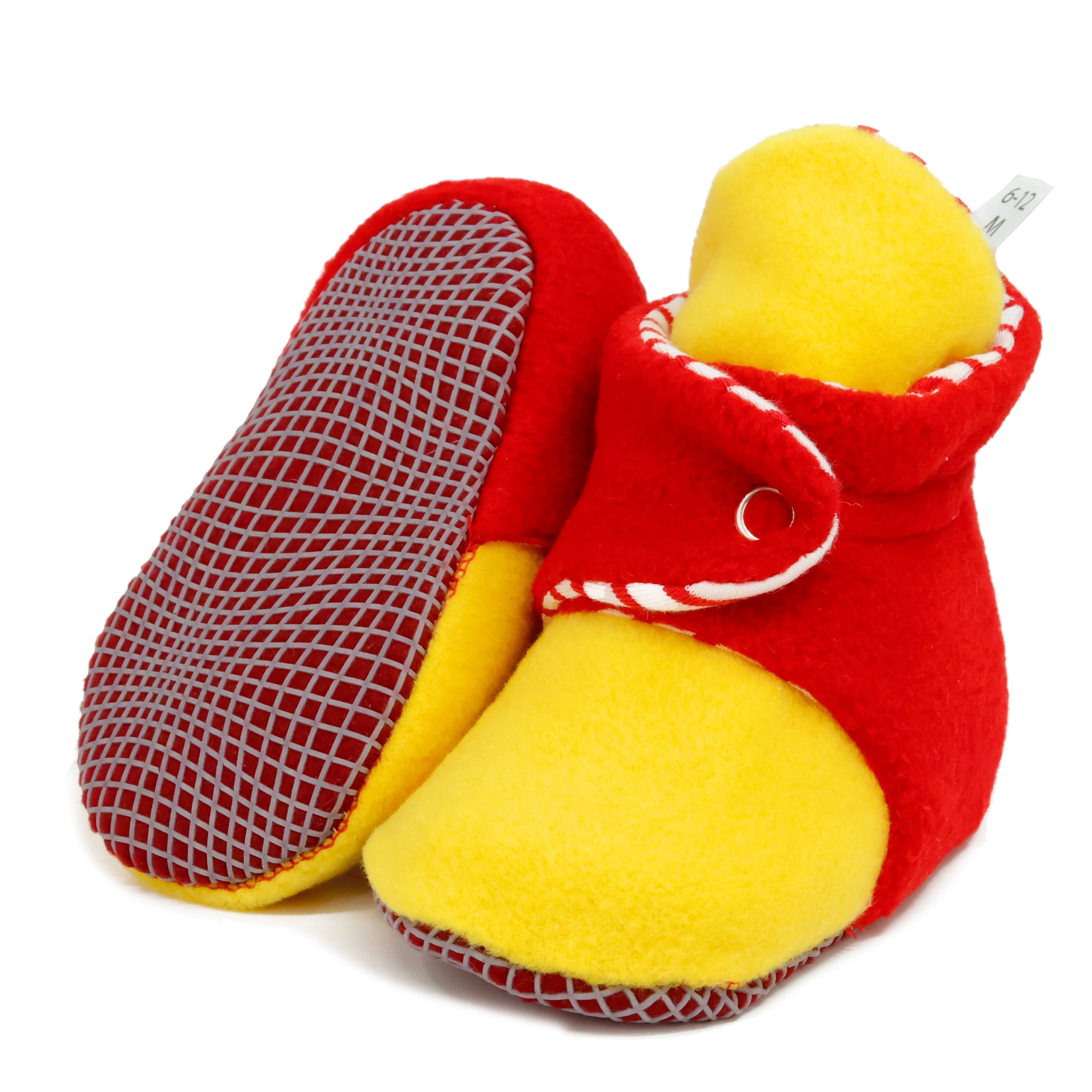 Anti-slip Sole, Fleece Baby Booties, Newborn Home Booties, Sweat Proof Organic Cotton Lining, Yellow Red