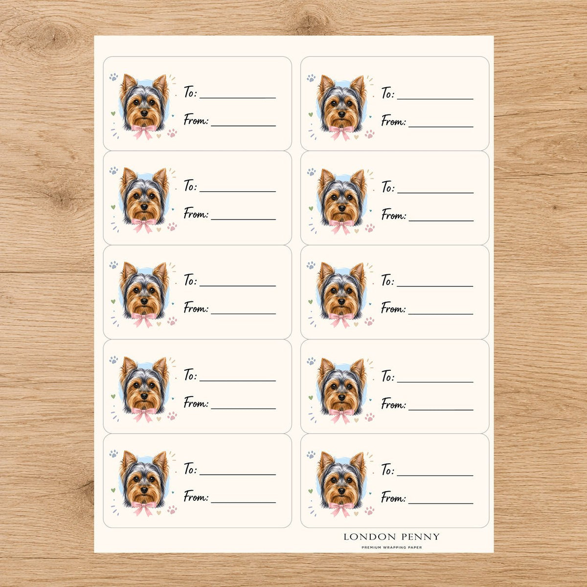 Yorkshire Terrier Paws & Bows Gift Tag Sticker Sheet