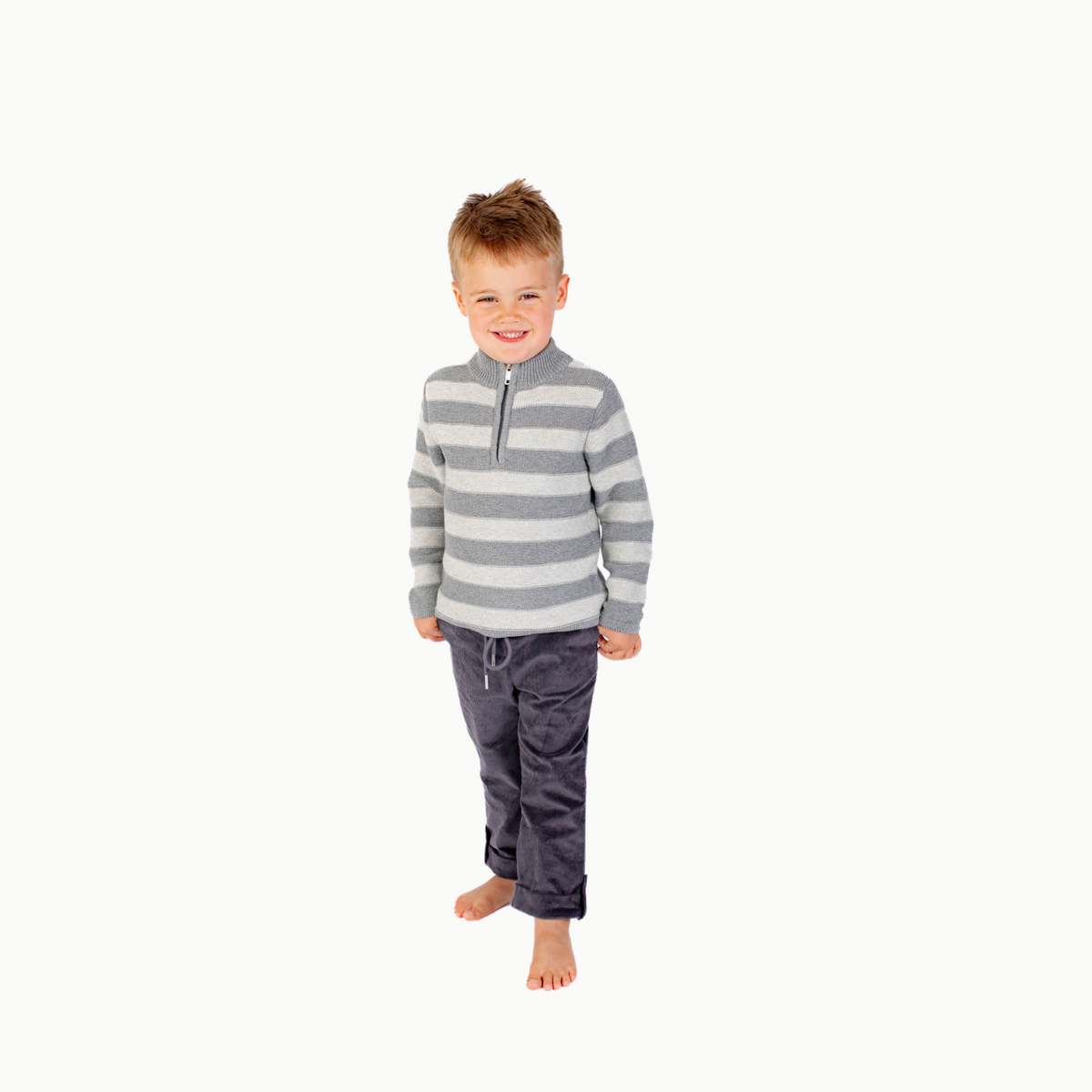 Boys' Half Zip Sweater In Gray Stripe
