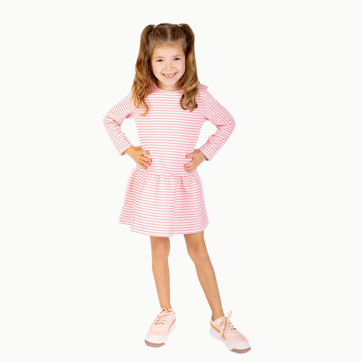 Long Sleeve Tennis Dress In Pink & Red Heart Stripe