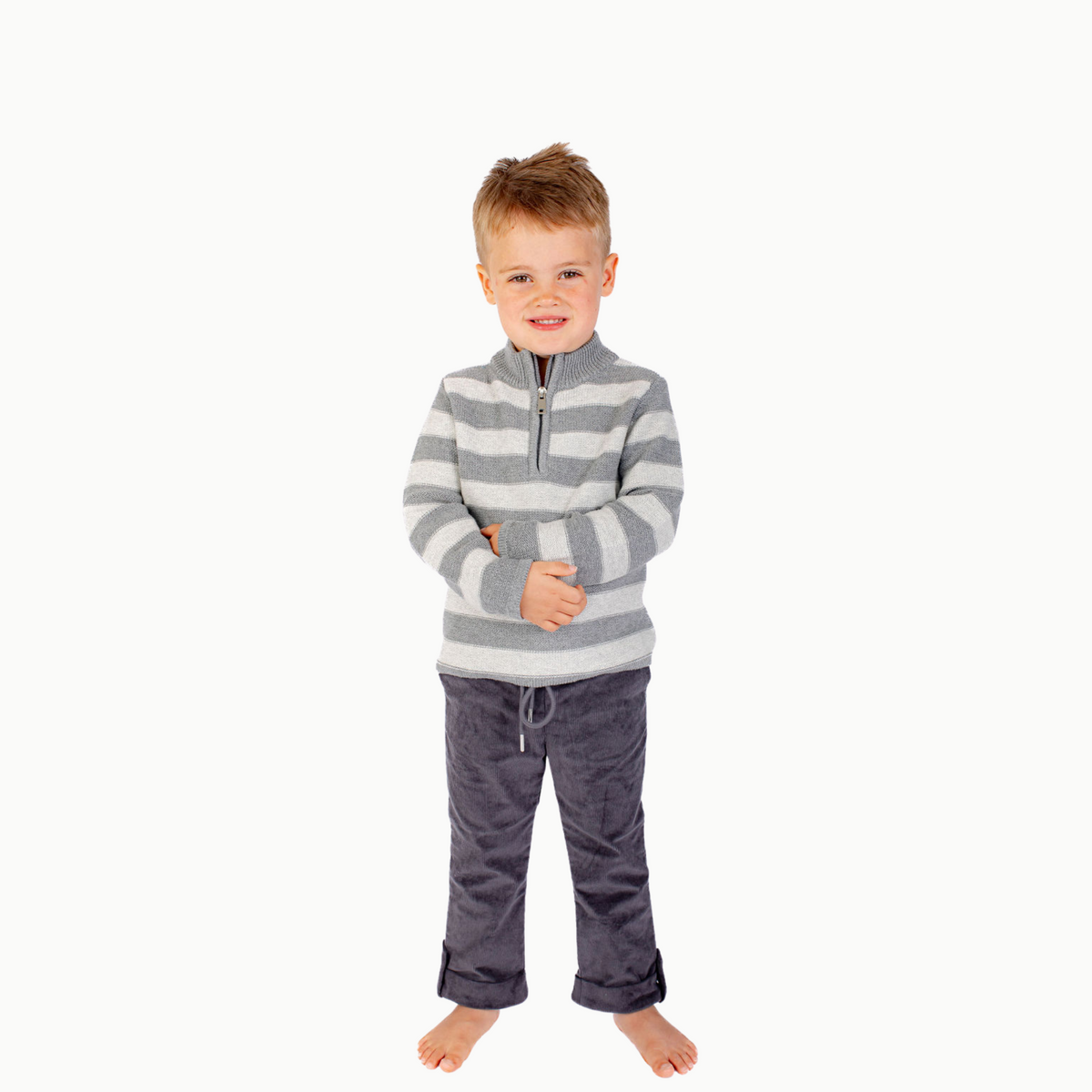 Boys' Half Zip Sweater In Gray Stripe