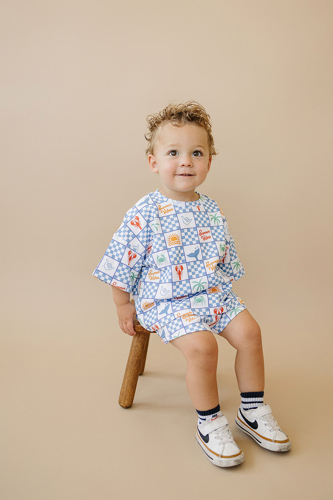 LUCKY PANDA KIDS Shorts Set – Blue Check Summer Print, Short Sleeve