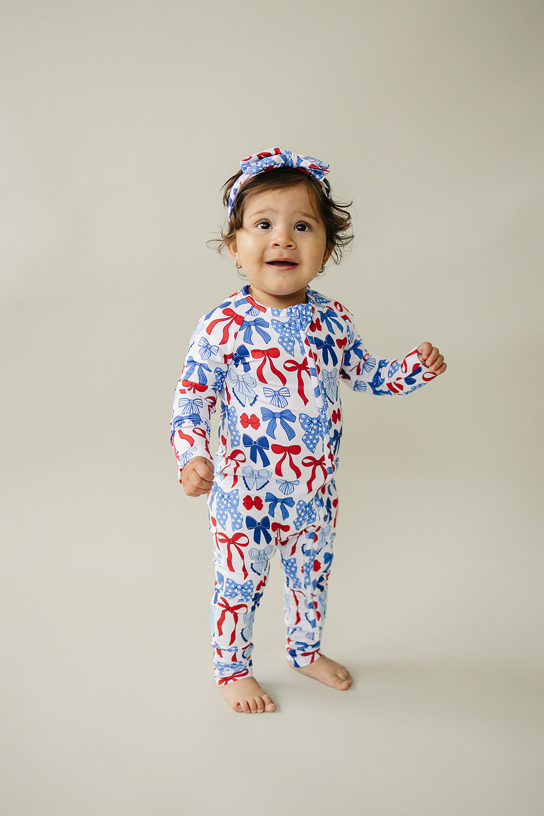 Bamboo Zip Romper  | Red-white & Bows