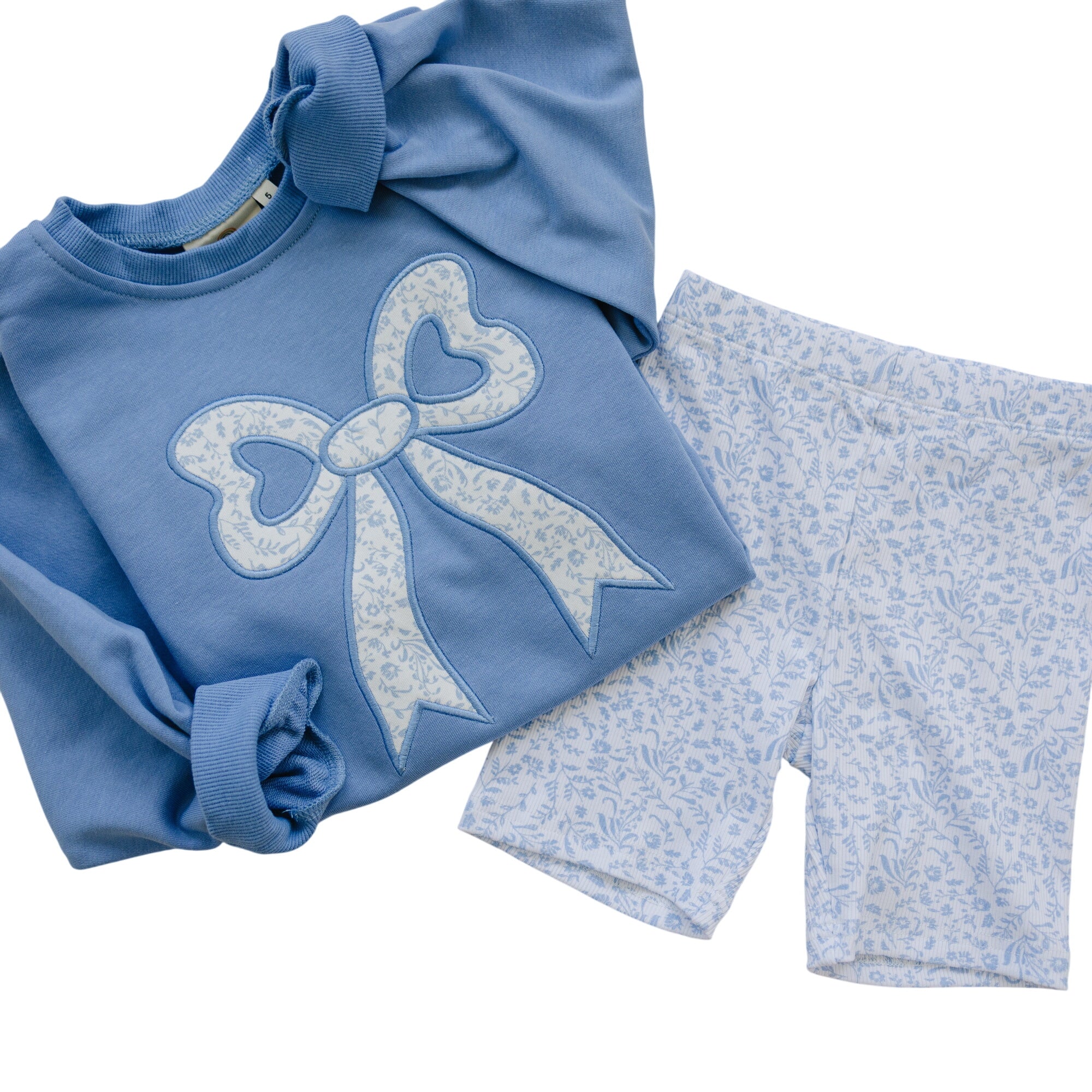 Blue Toile Applique Bow Sweatshirt Romper Or Crewneck